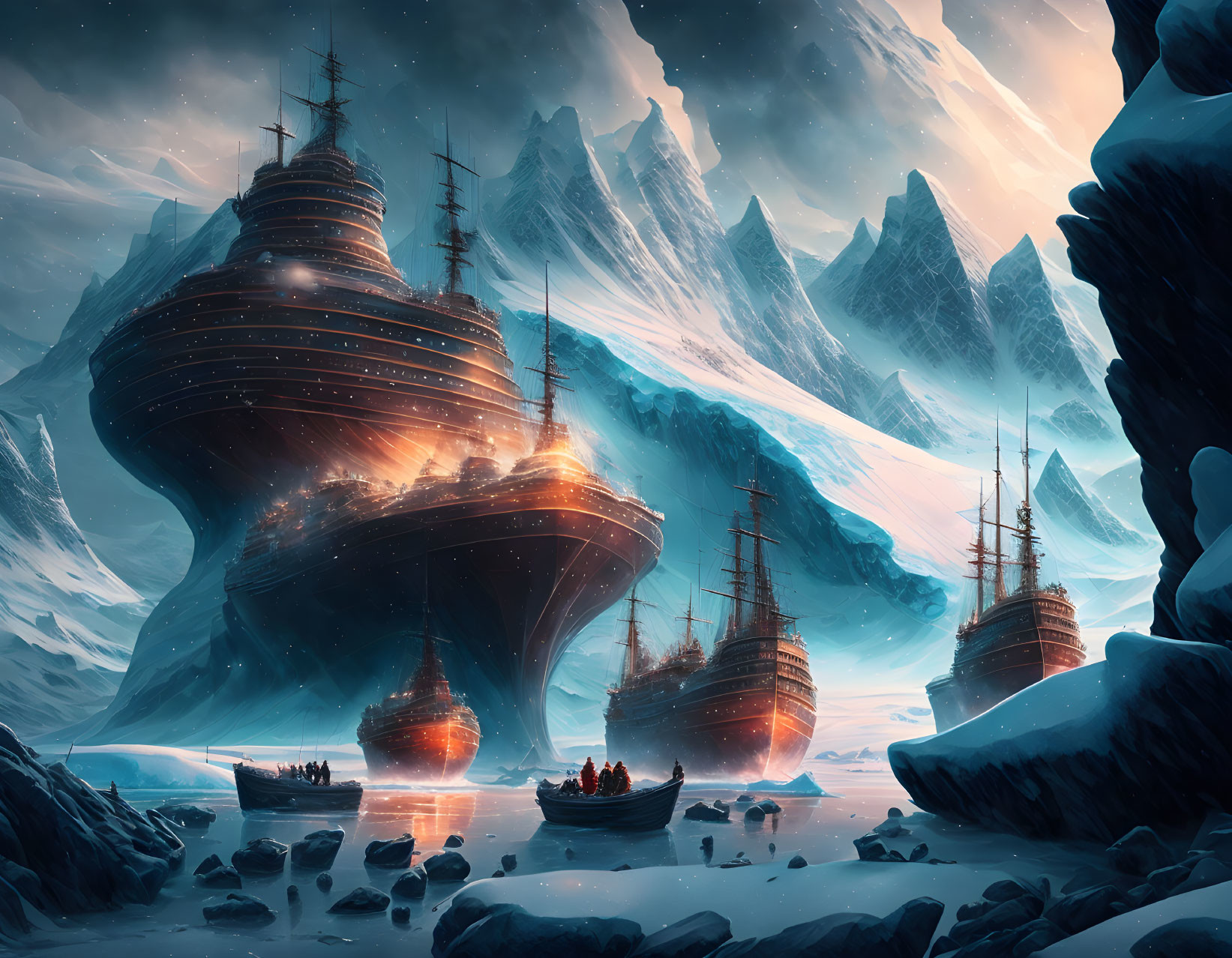 Fantastical icy waters scene with wooden ships and glowing mountain-like vessel