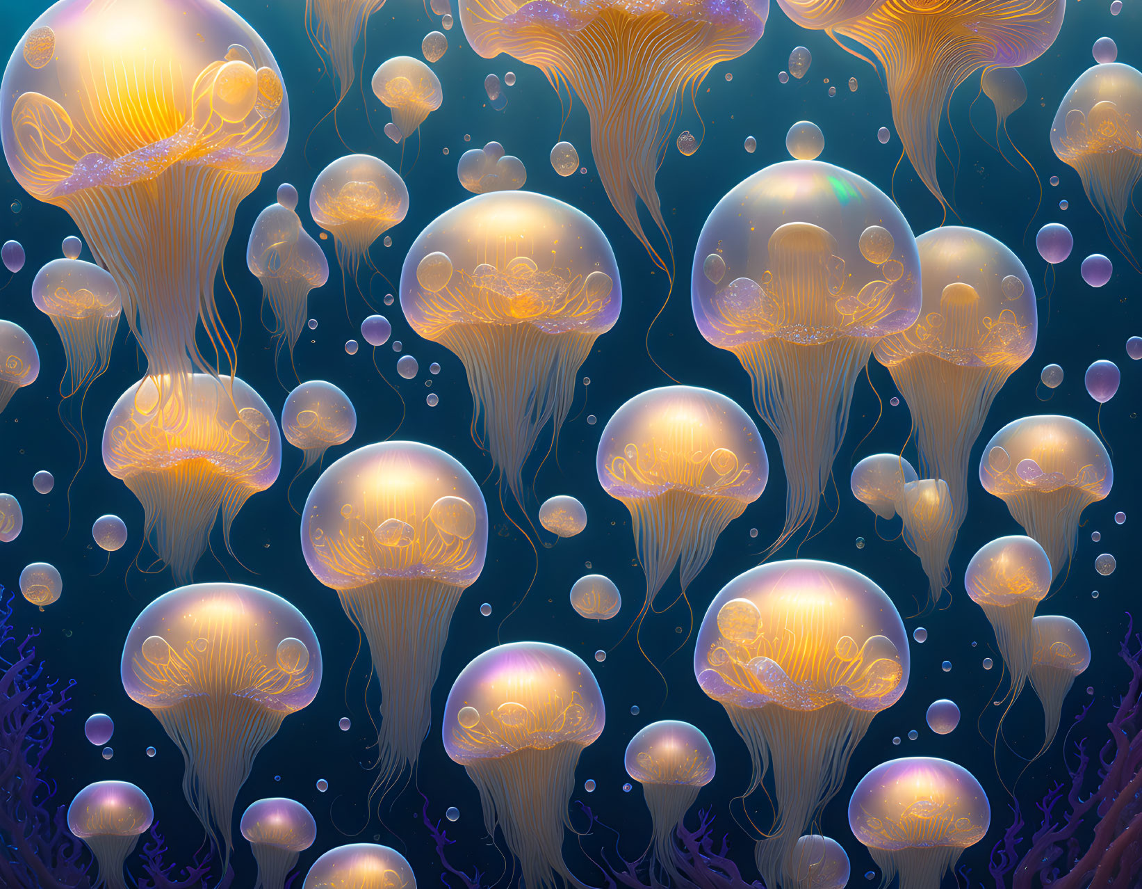 Luminescent jellyfish in vibrant underwater scene