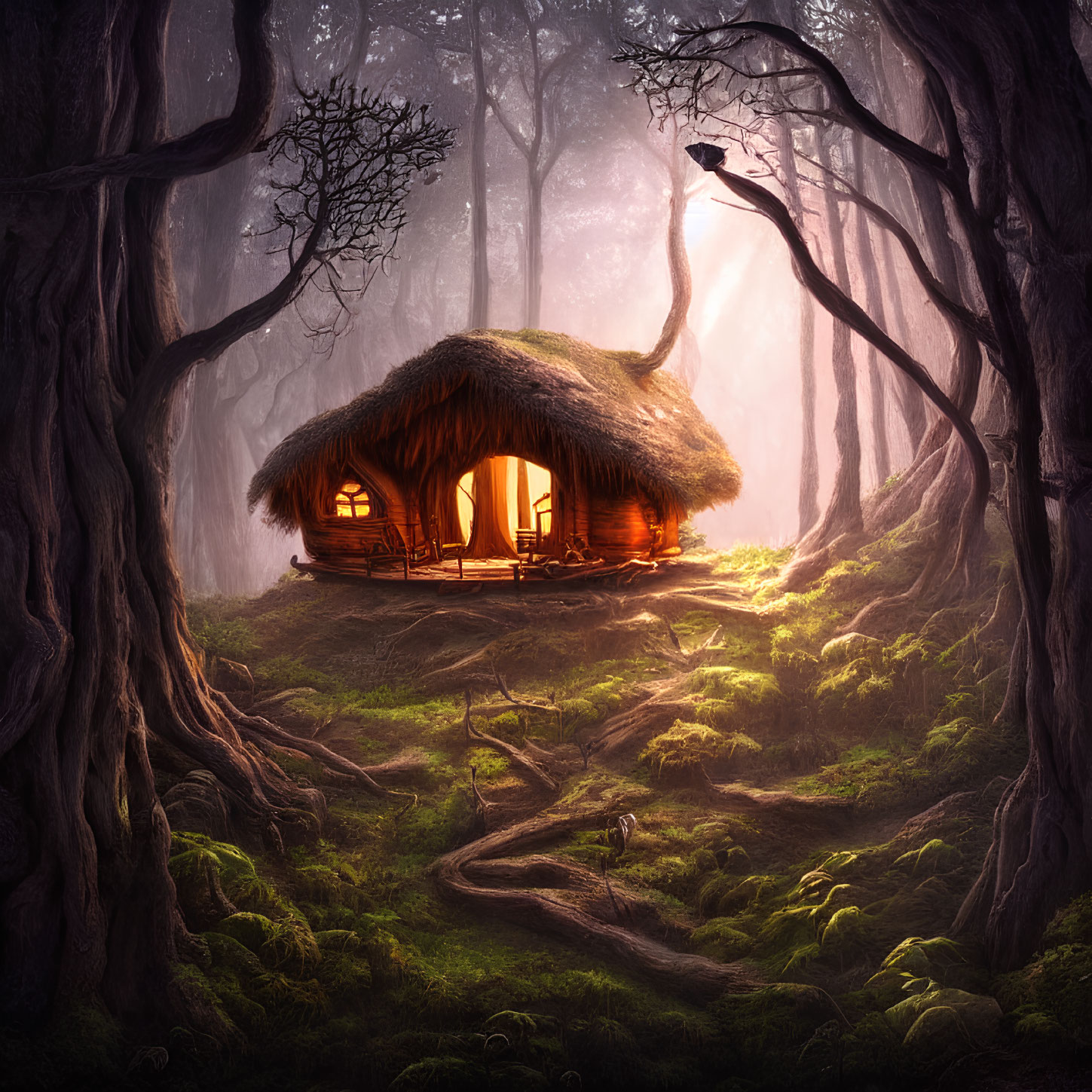 Enchanted forest scene with quaint thatched cottage