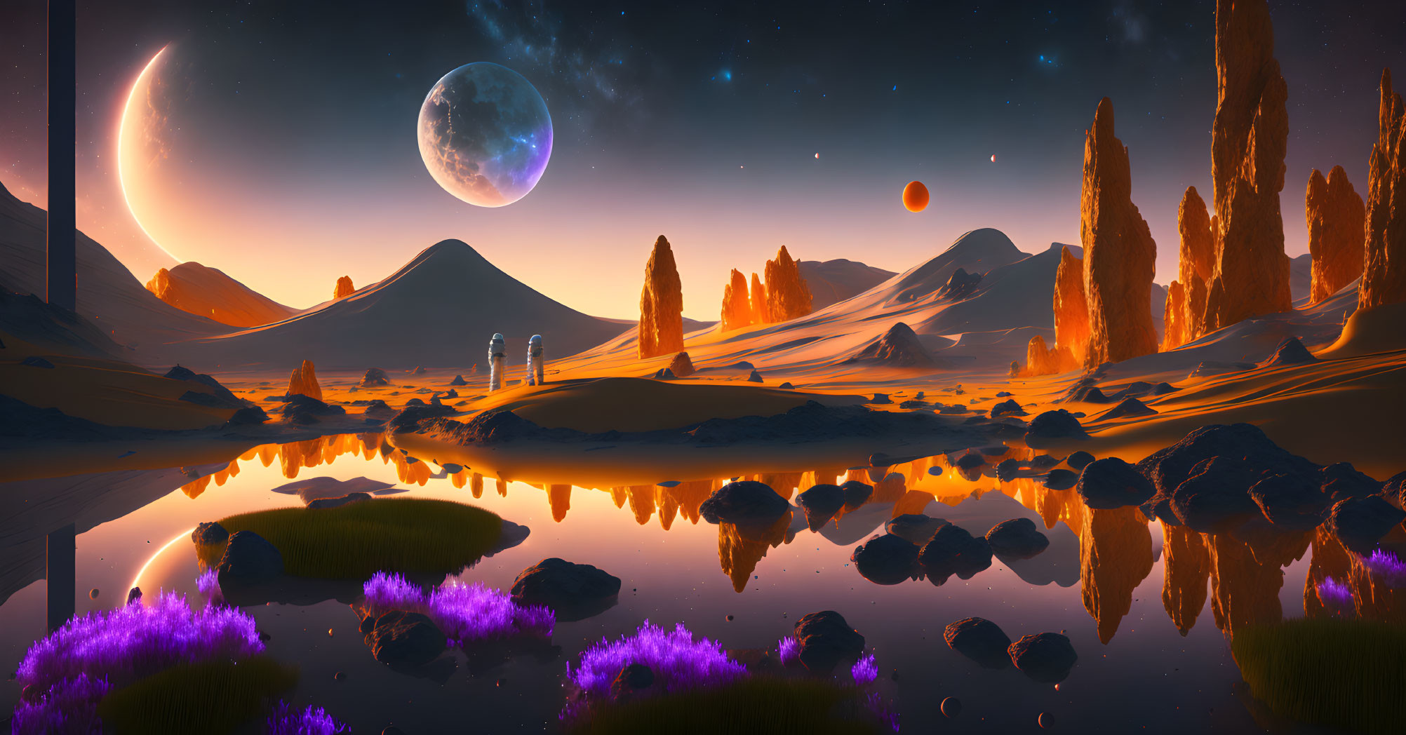 Alien landscape with orange sands, purple flora, reflective water, and moons