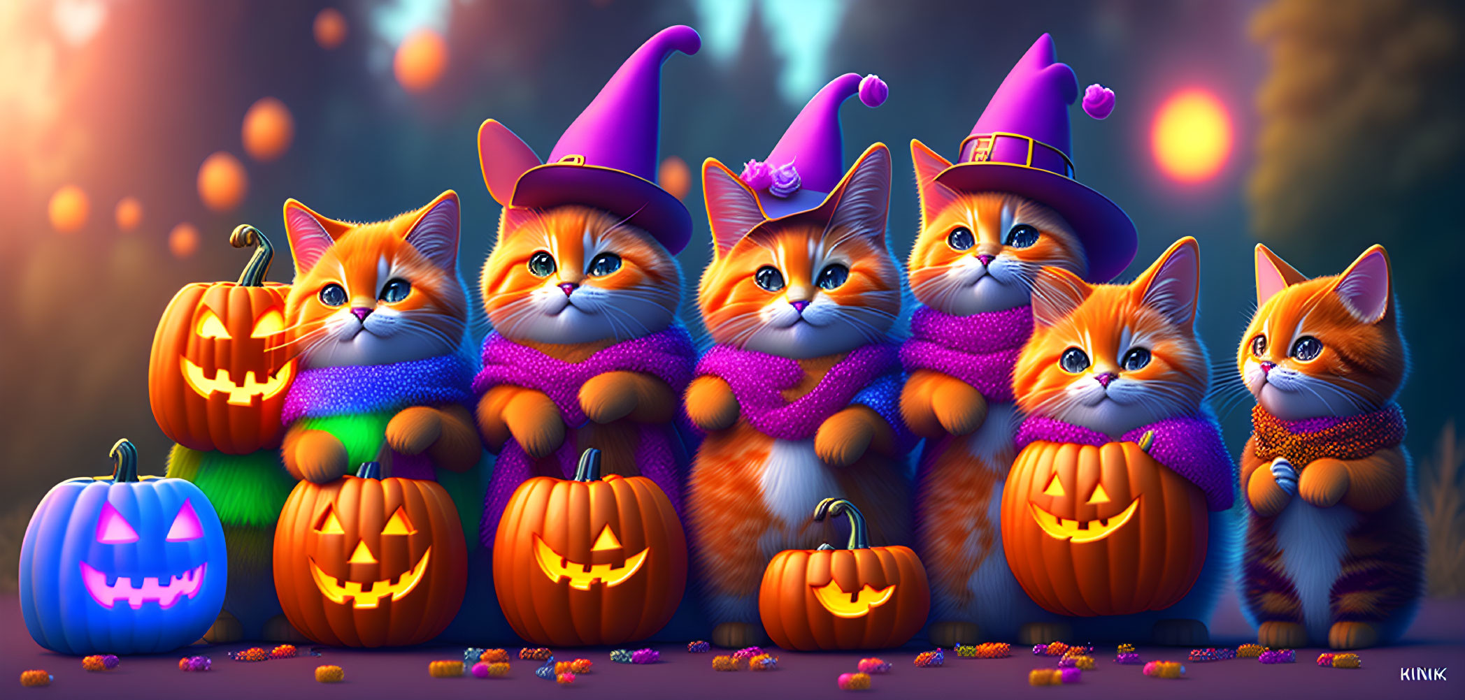 Six adorable cartoon cats in purple witch hats and orange scarves in Halloween scene.