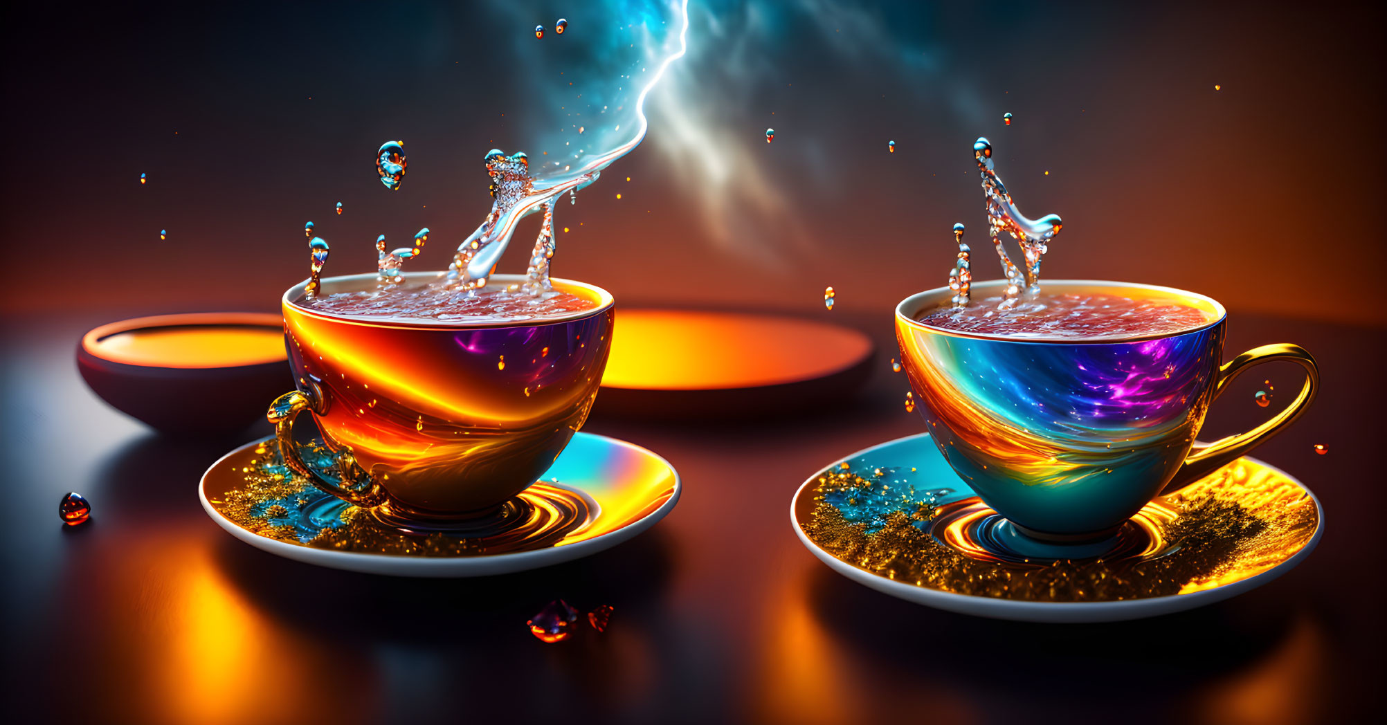 Iridescent Teacups and Saucers Reflecting Steam