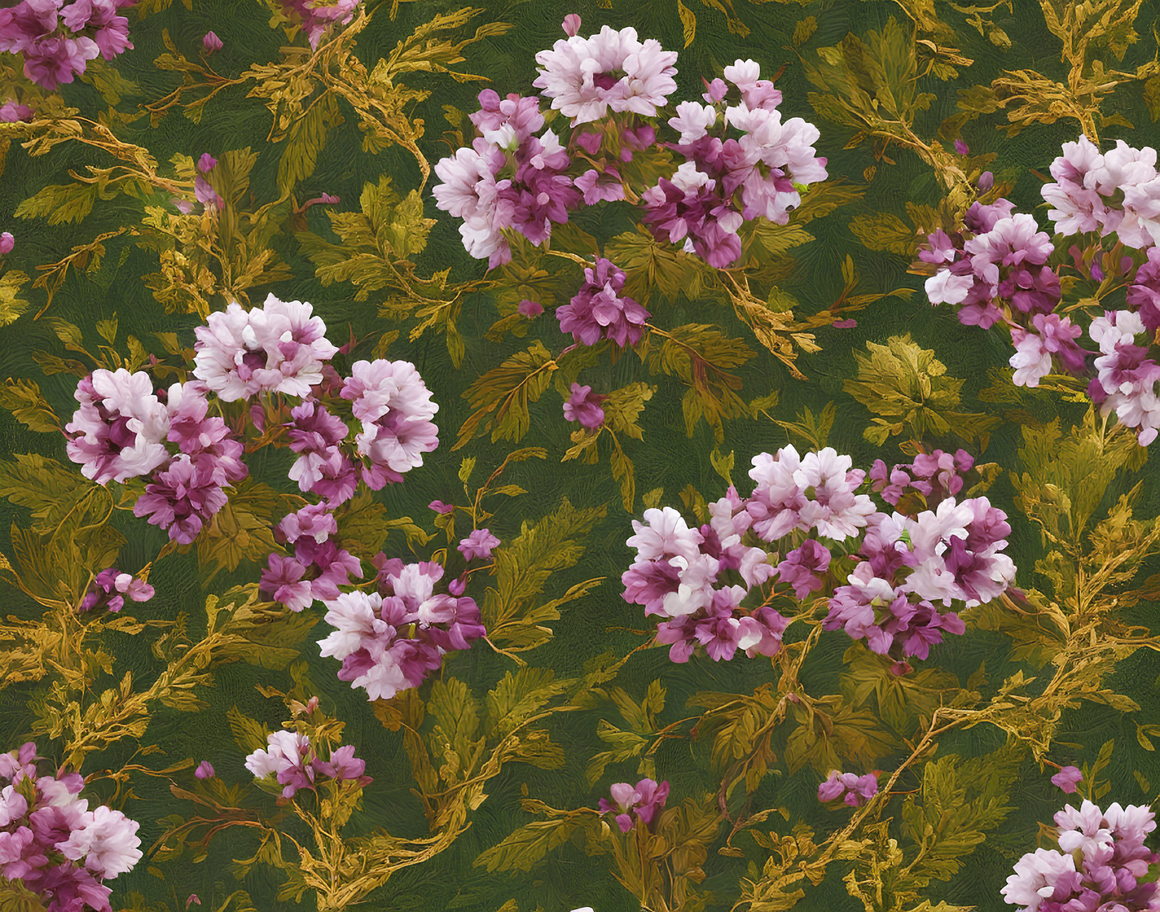 Pink Floral Pattern on Dark Green Background with Ornate Design