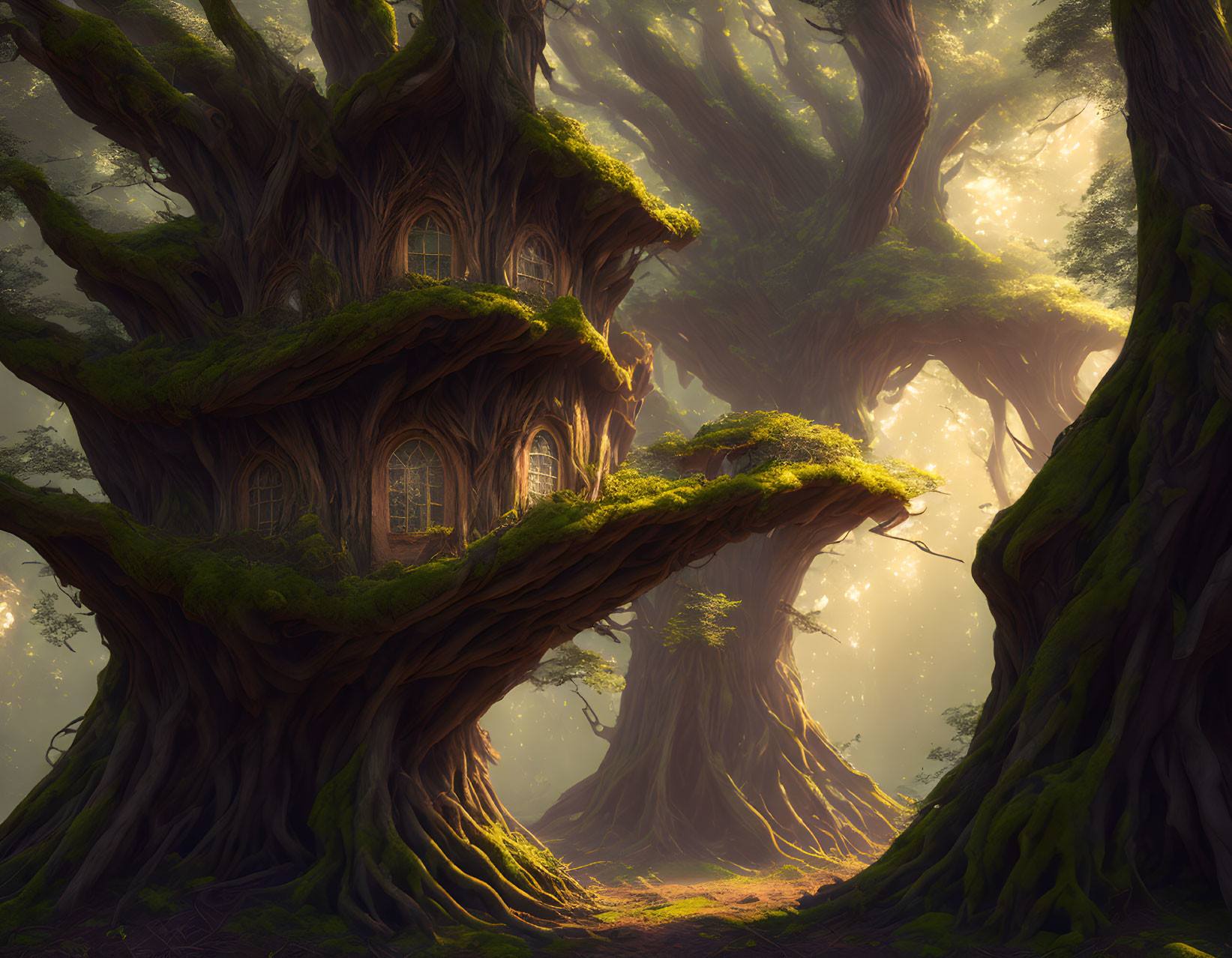 Enchanting Forest with Whimsical Treehouse in Golden Light