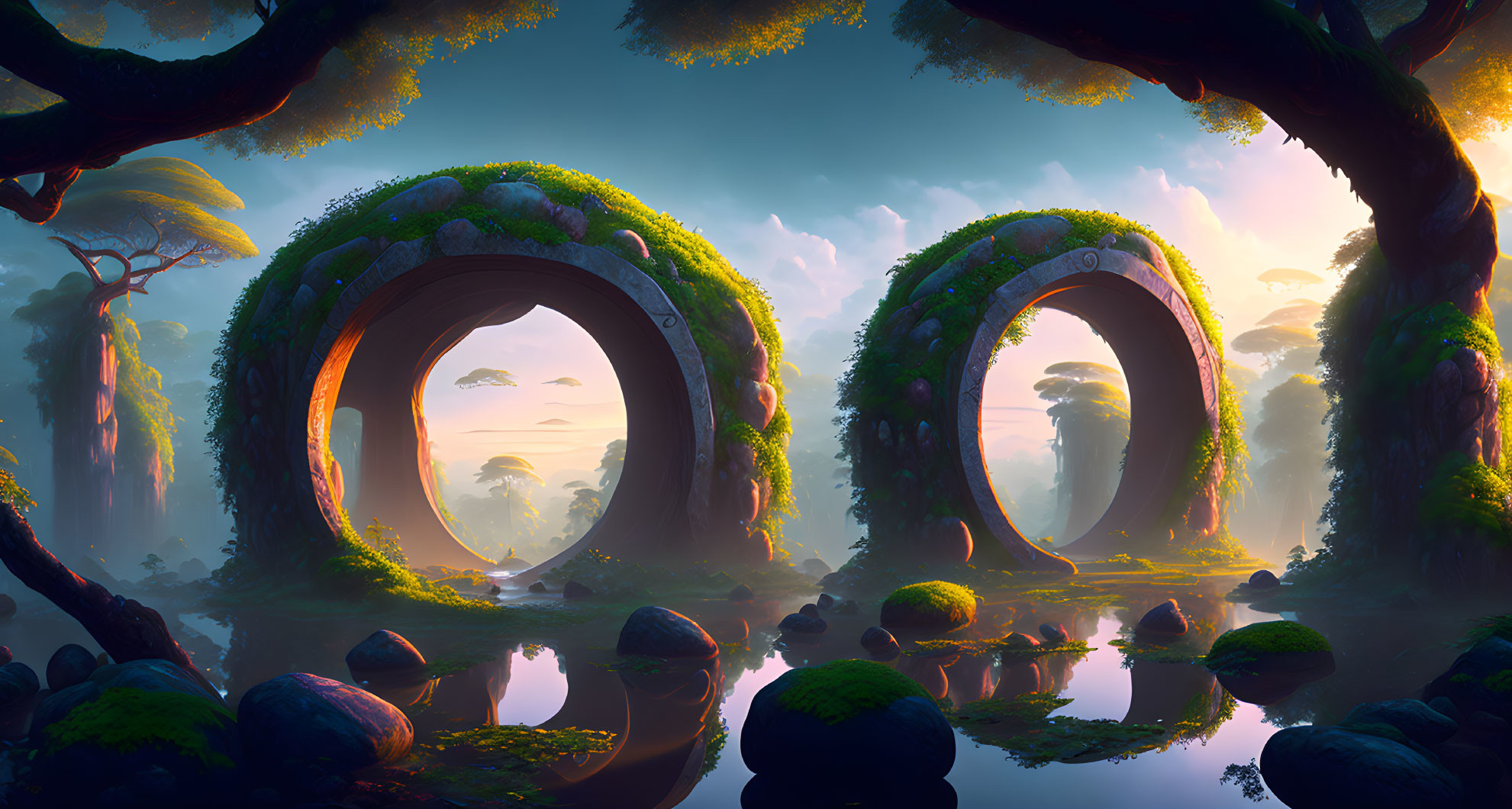 Lush greenery and arch-shaped rock formations in a serene fantasy landscape