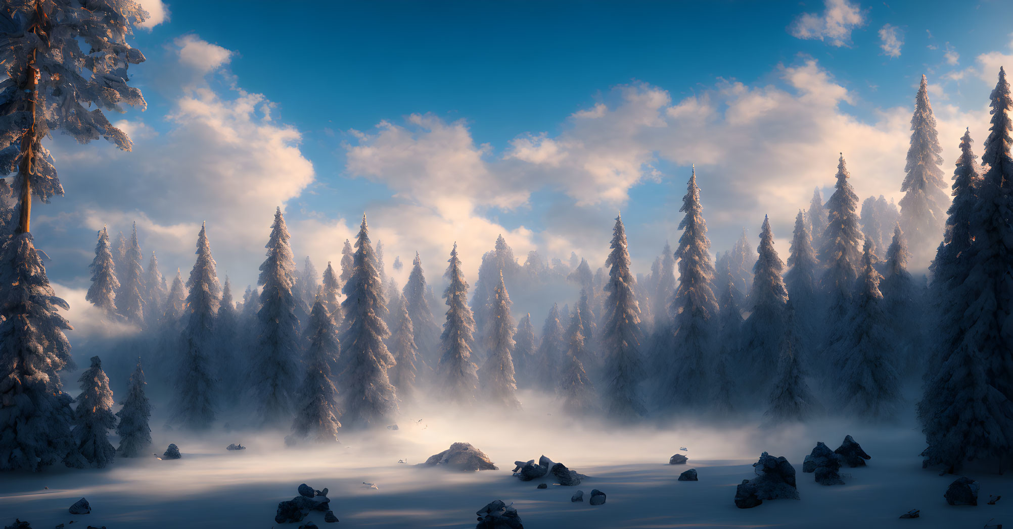 Misty forest with snow-covered pine trees in serene winter setting