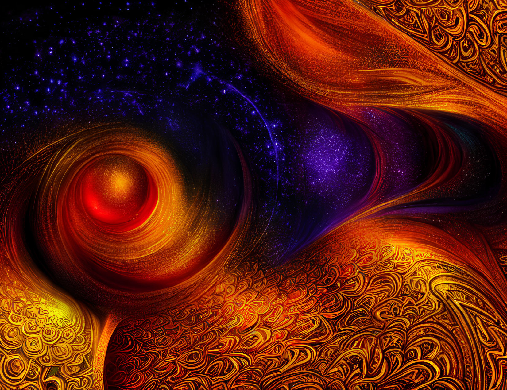 Colorful Abstract Cosmic Background with Swirling Red, Orange, and Purple Patterns