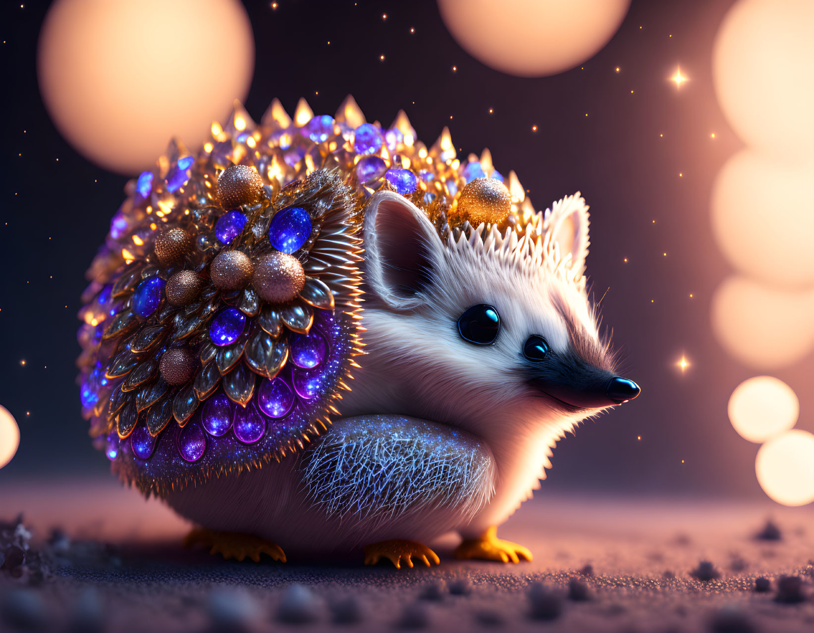 Illustration of a jeweled hedgehog in a magical starlit scene