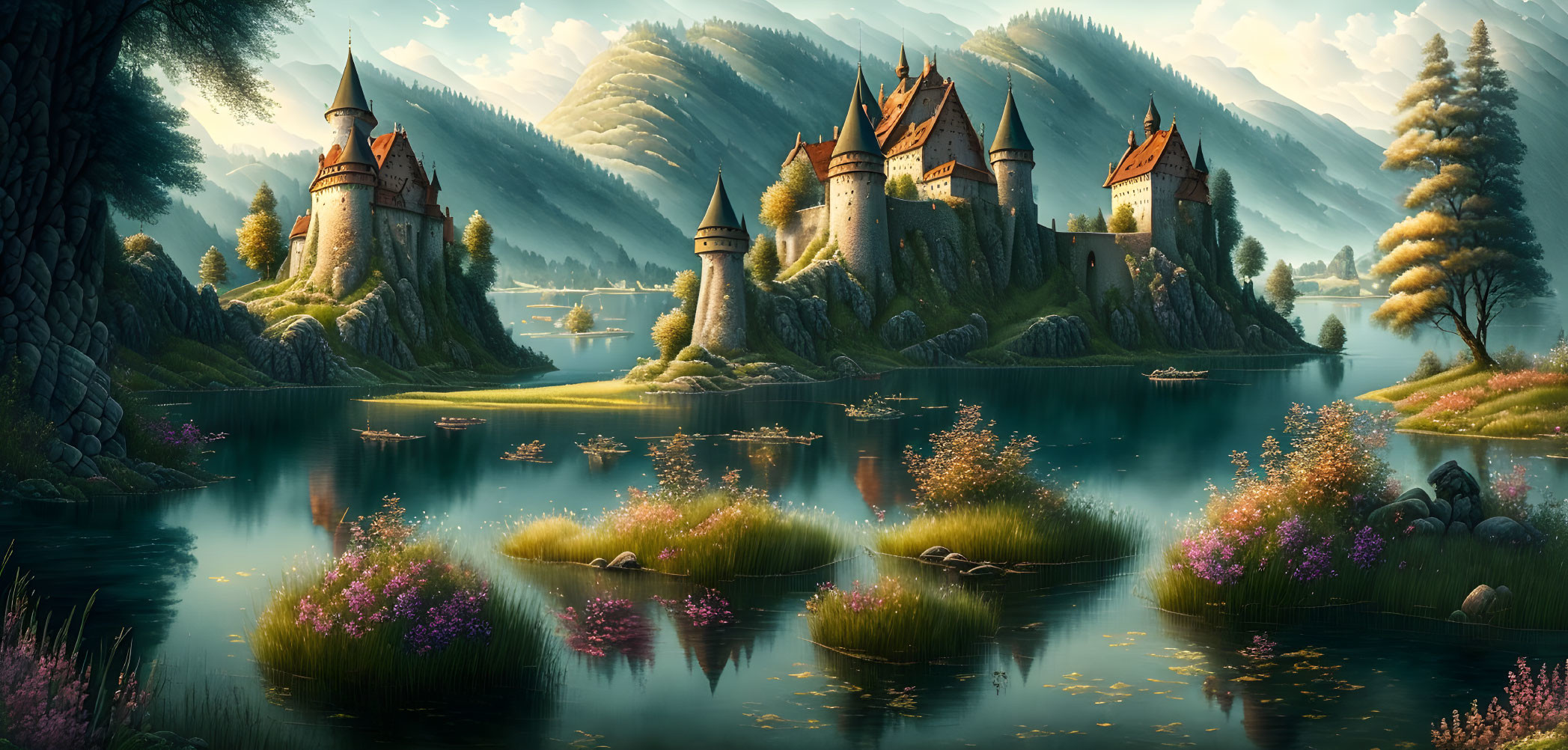 Majestic castle by reflective lake in serene fantasy landscape