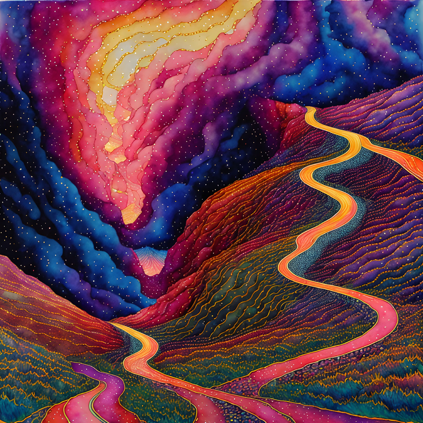 Colorful Psychedelic Landscape with Golden Road and Starry Sky