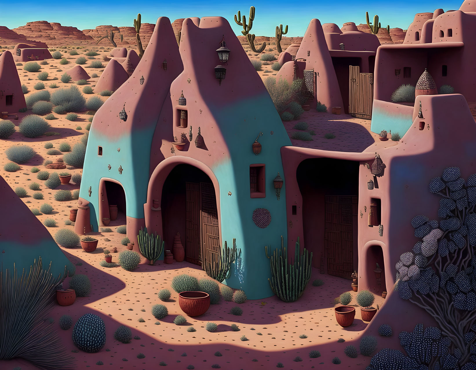 Desert Landscape with Adobe-style Buildings and Cacti