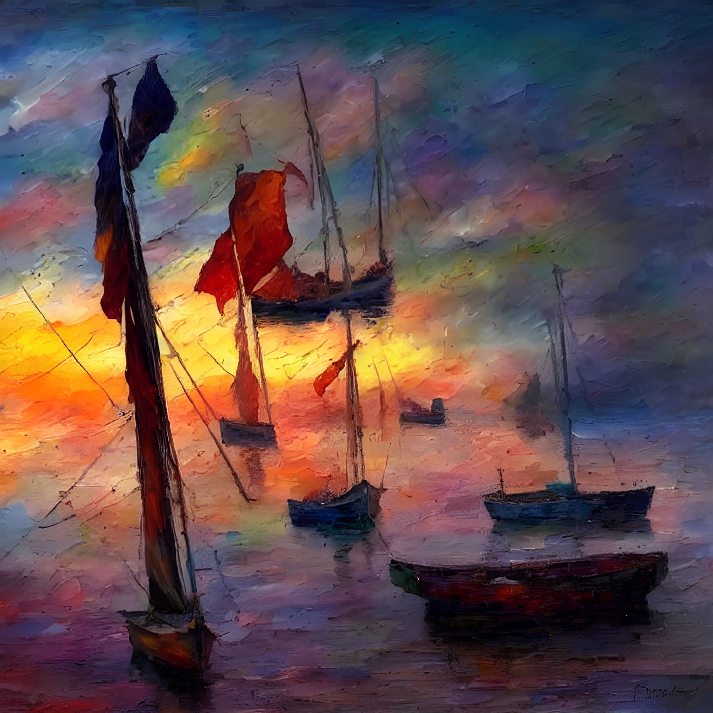 Vibrant Sailboats Painting with Dramatic Sunset Sky