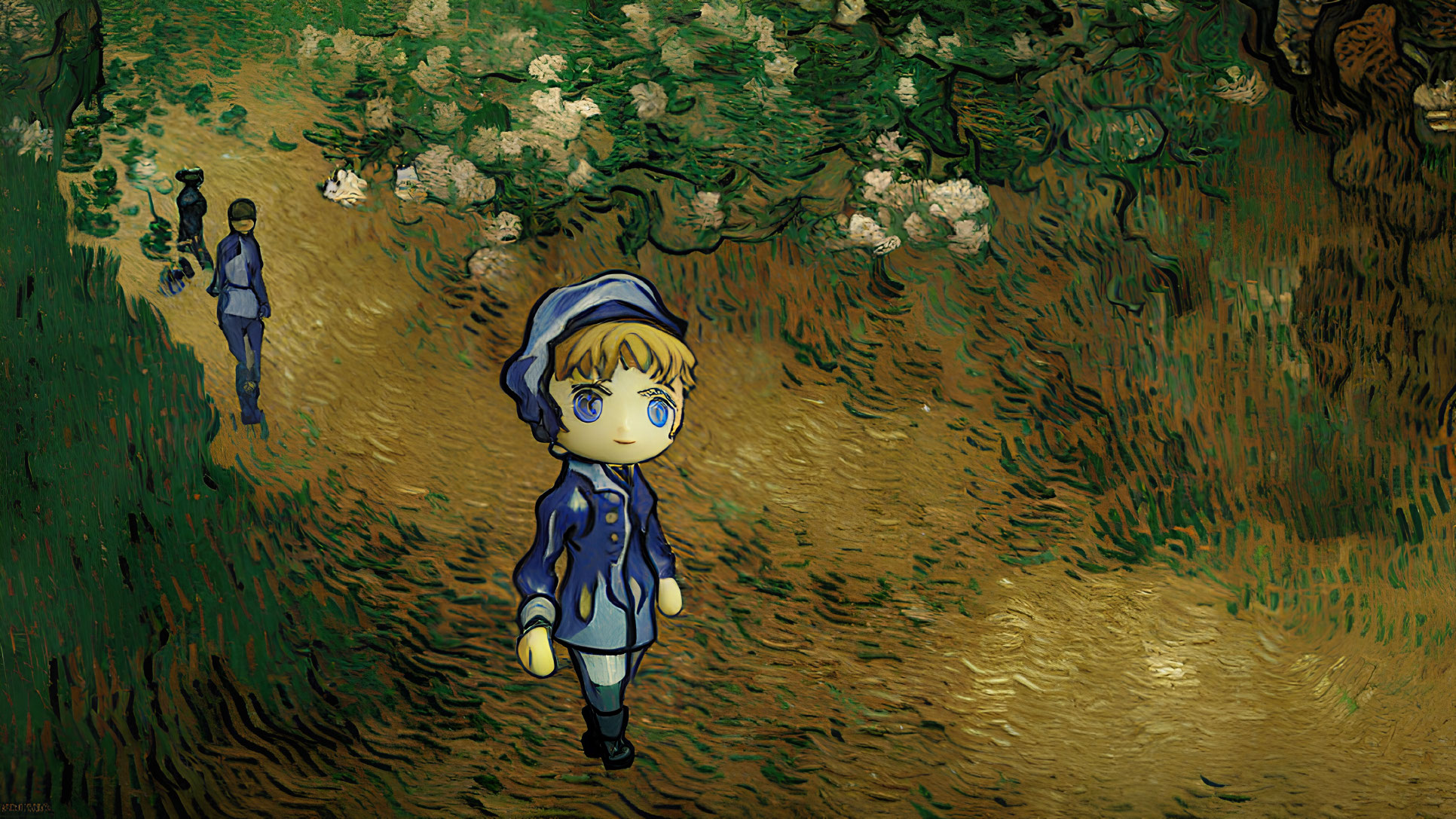 Child in Blue Clothes Walking on Path with Impressionist Greenery