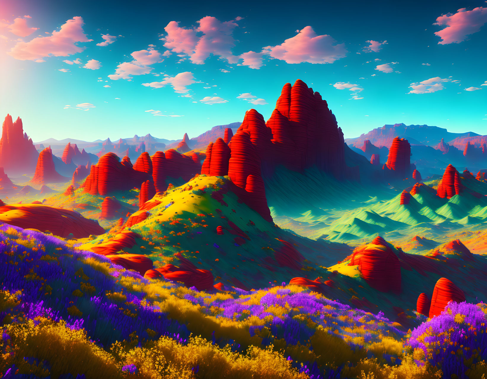 Colorful alien landscape: red rock formations, green hills, purple flora under blue sky