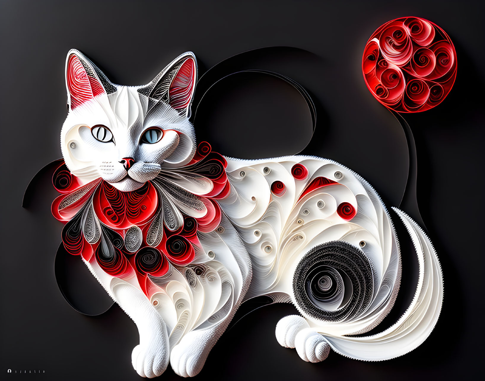 Colorful Quilled Paper Art: White Cat with Red and Black Accents