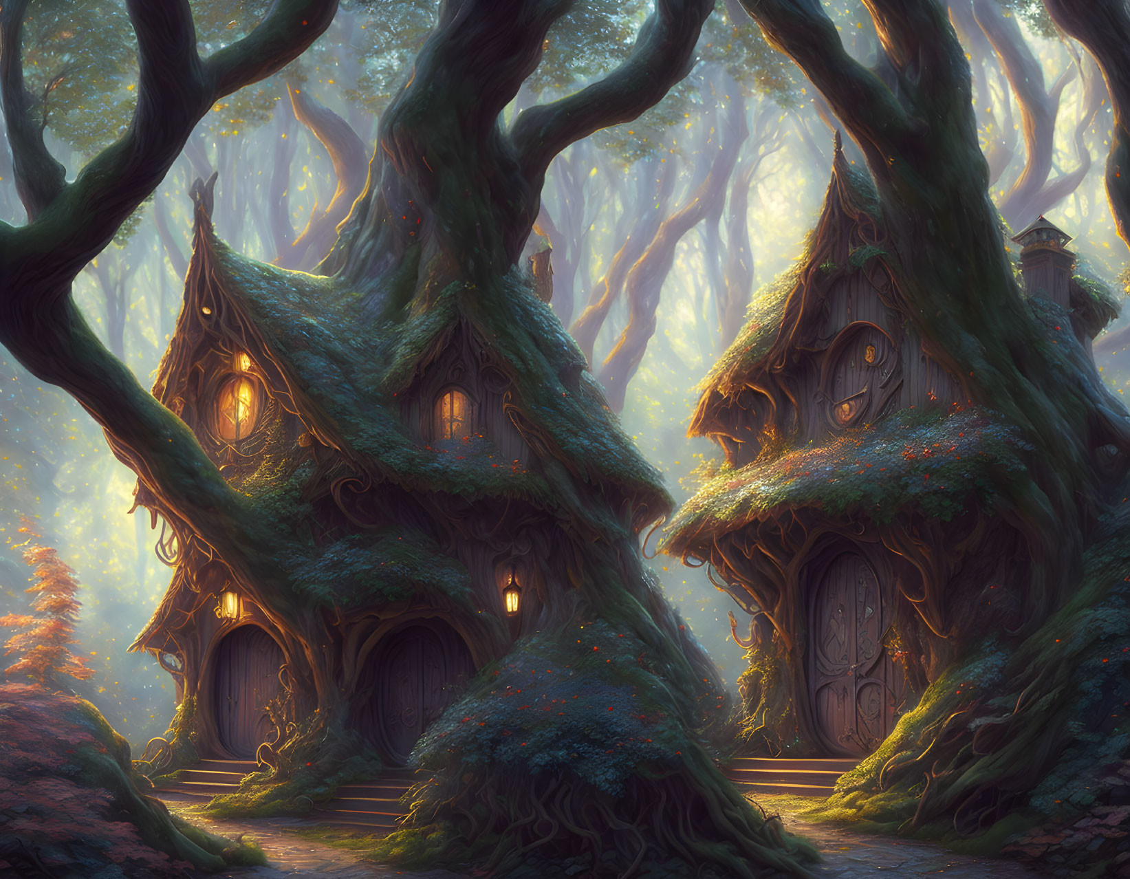 Whimsical treehouses in enchanted forest with twisted trunks