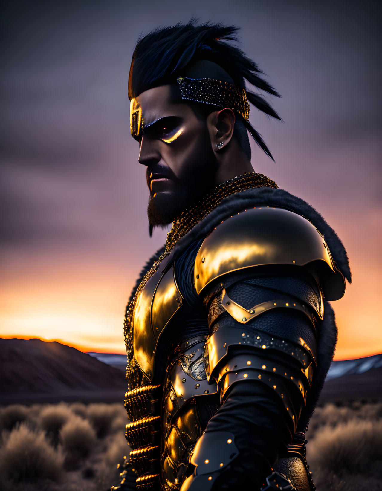 Stylized warrior in golden armor against dramatic dusk sky