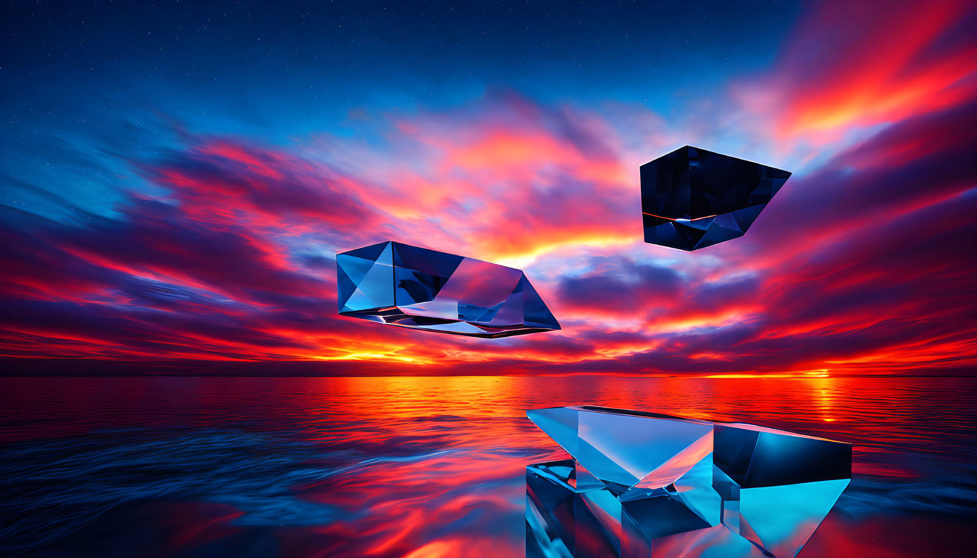 Colorful sunset reflecting on water with floating crystals and stars in the sky.