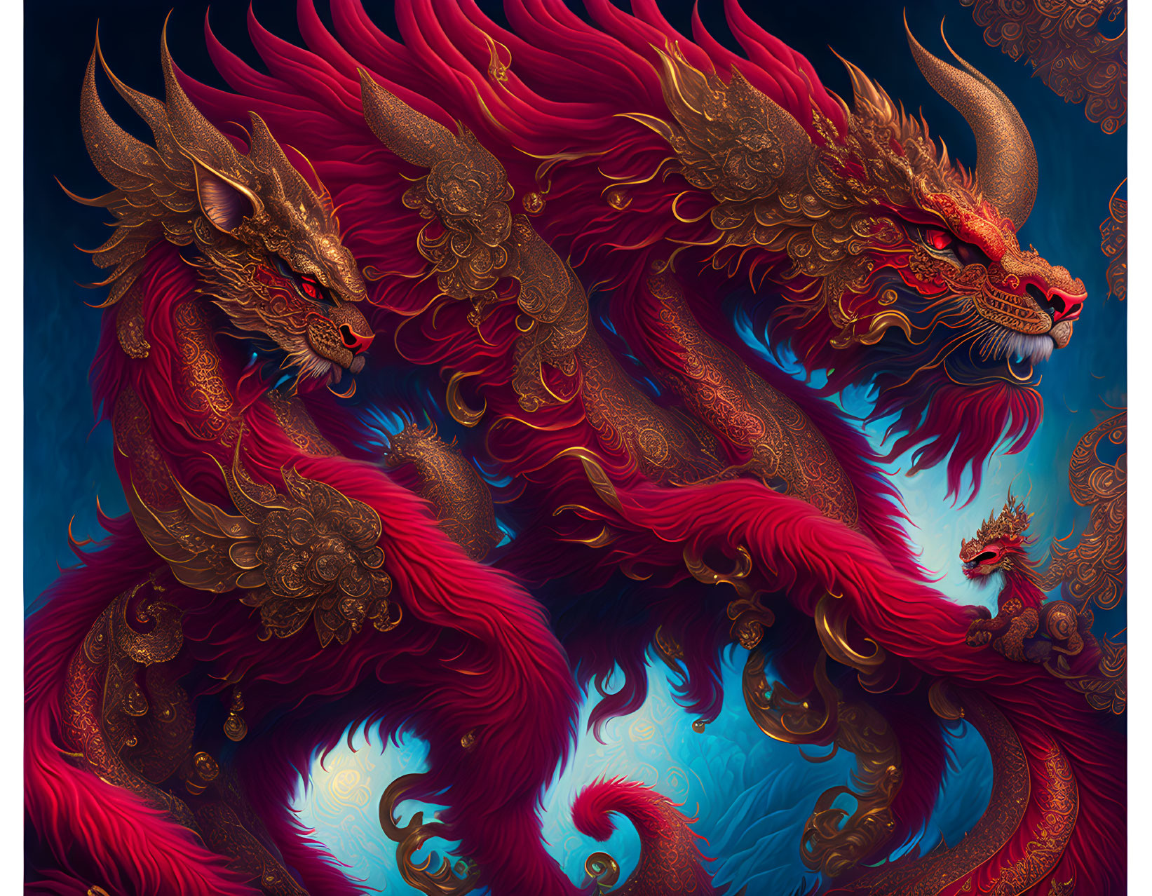 Detailed red and gold dragon illustration on blue background