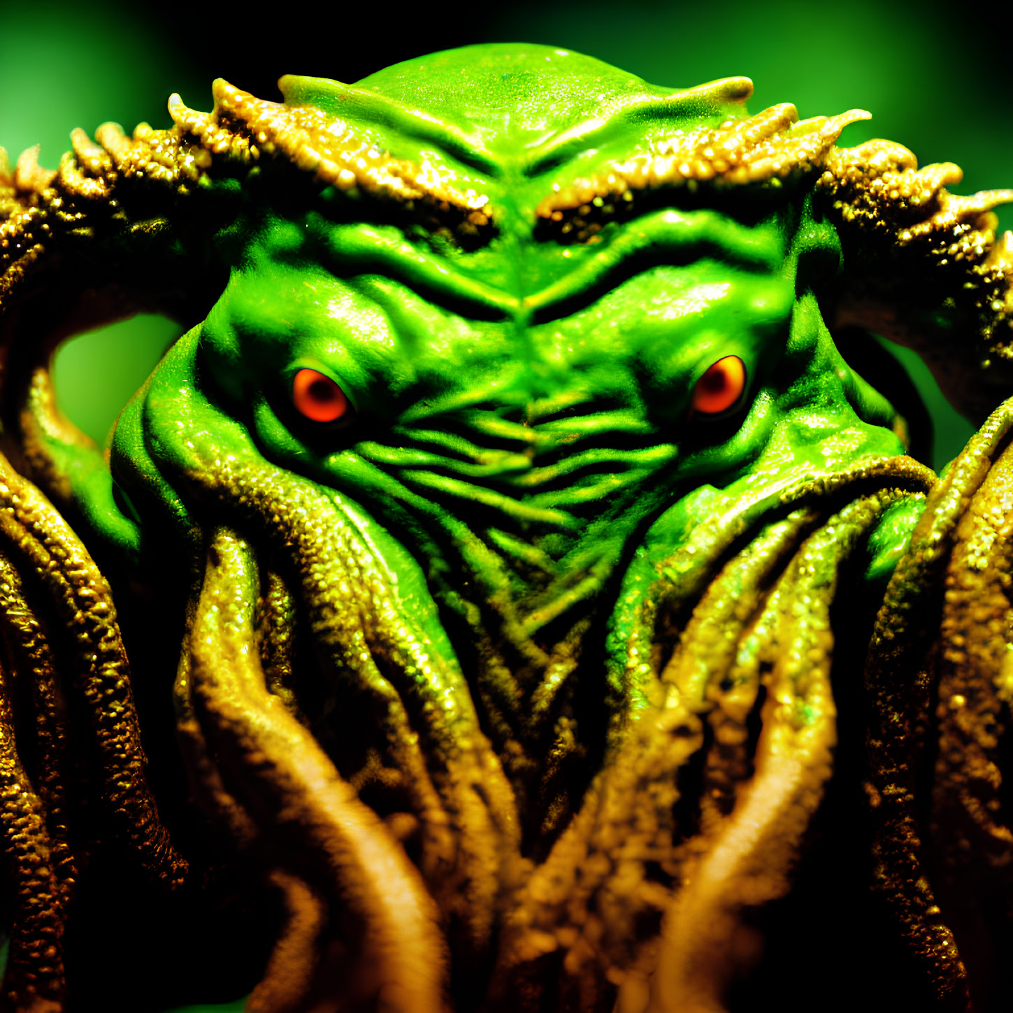 Detailed Close-Up of Green Tentacled Creature with Orange Eyes