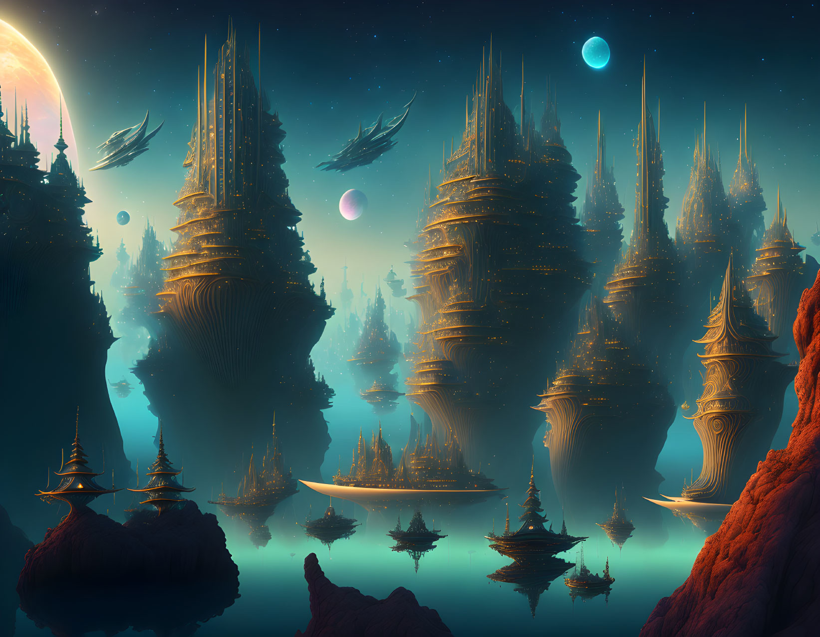 Sci-fi landscape with golden spires, water, and moons