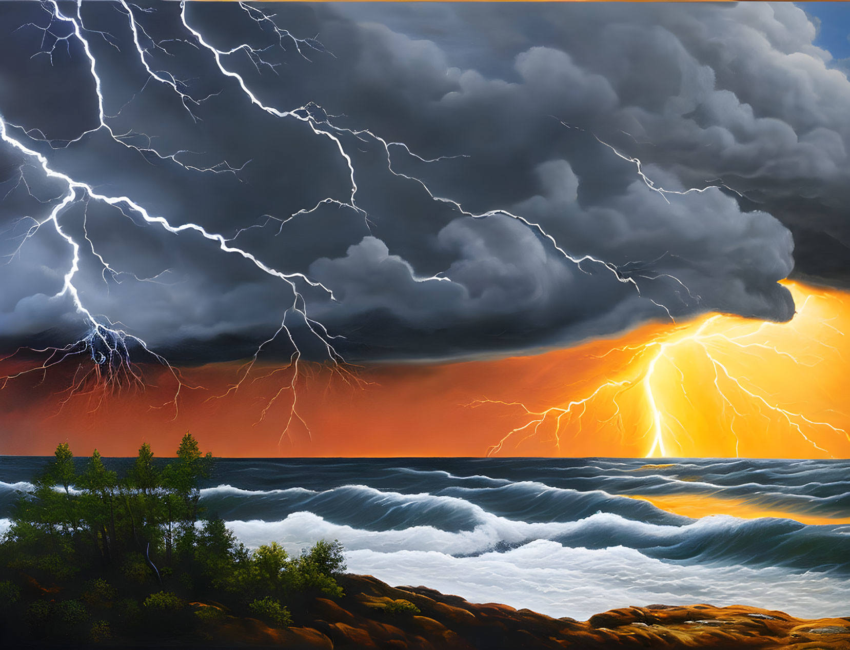 Stormy Seascape with Lightning Bolts and Fiery Sky