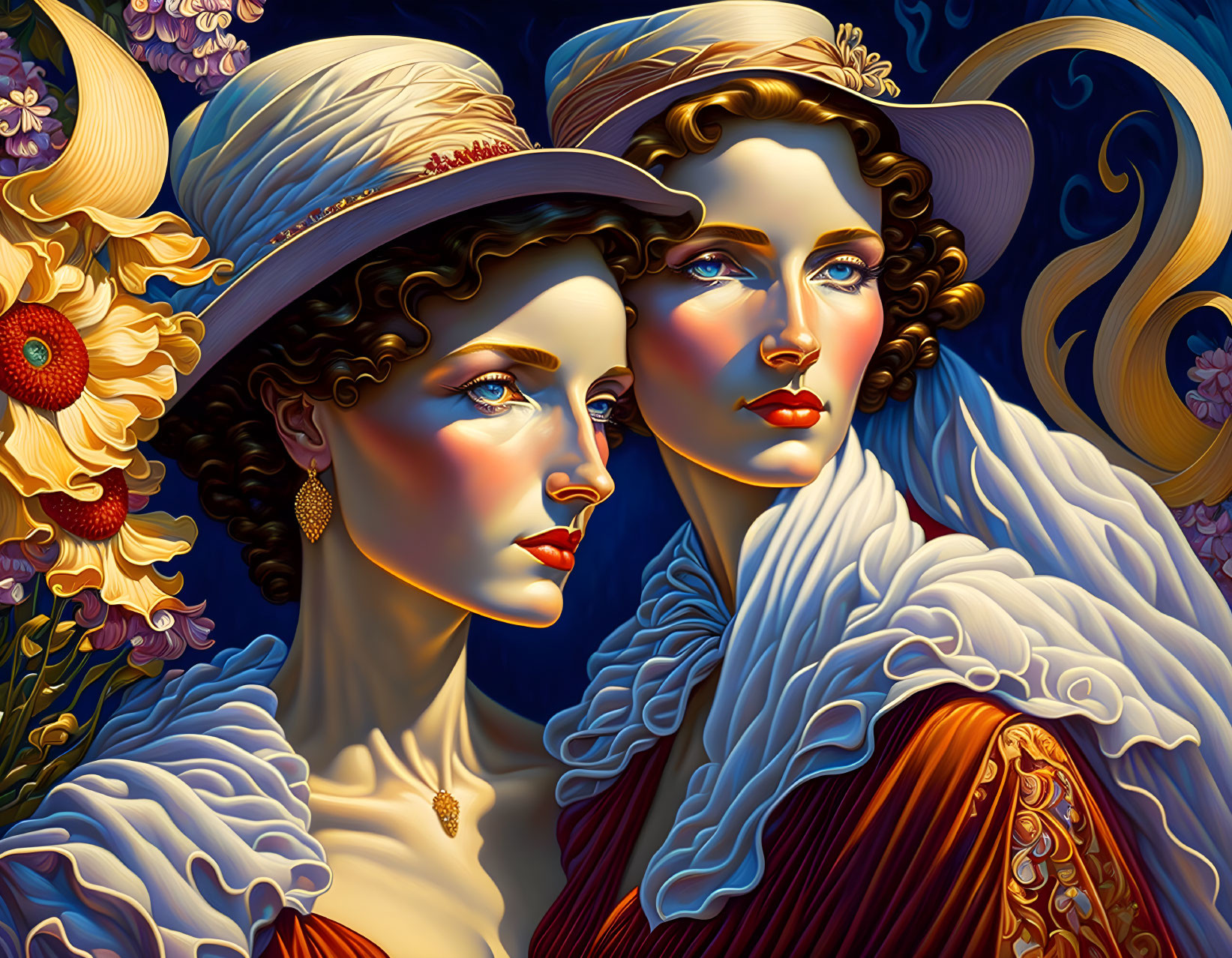 Two women in vintage attire with ornate hats and jewelry against floral backdrop