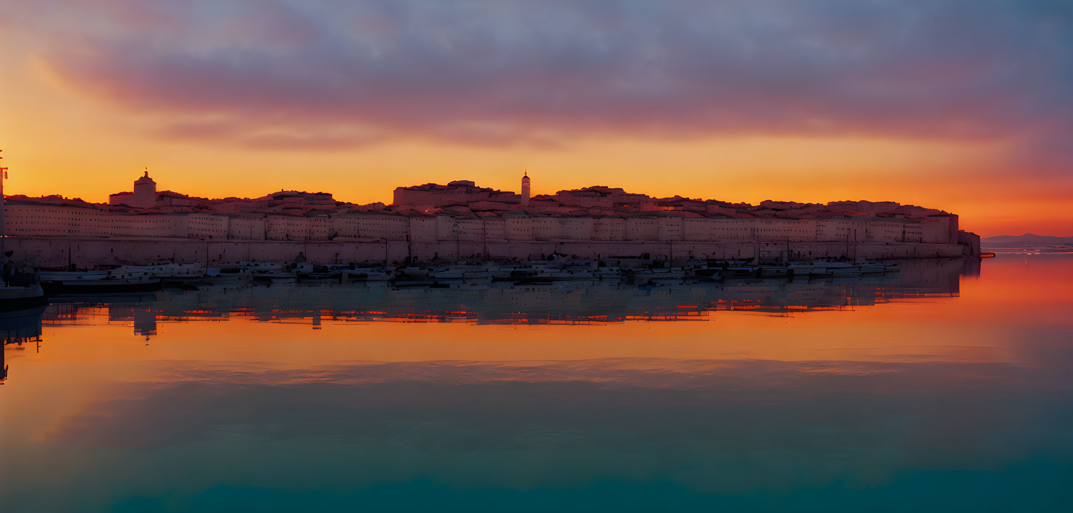 Tranquil sunset over old fortress and harbor with water reflections