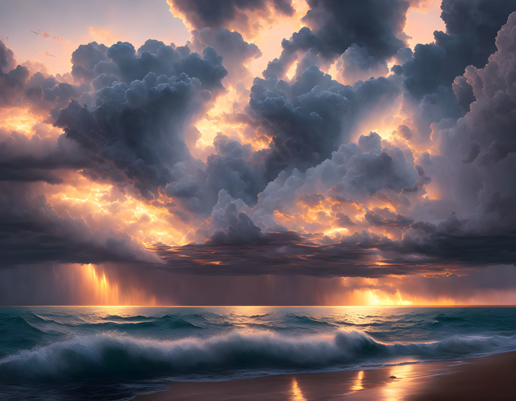 Dramatic sunset beach scene with glowing clouds and piercing light.