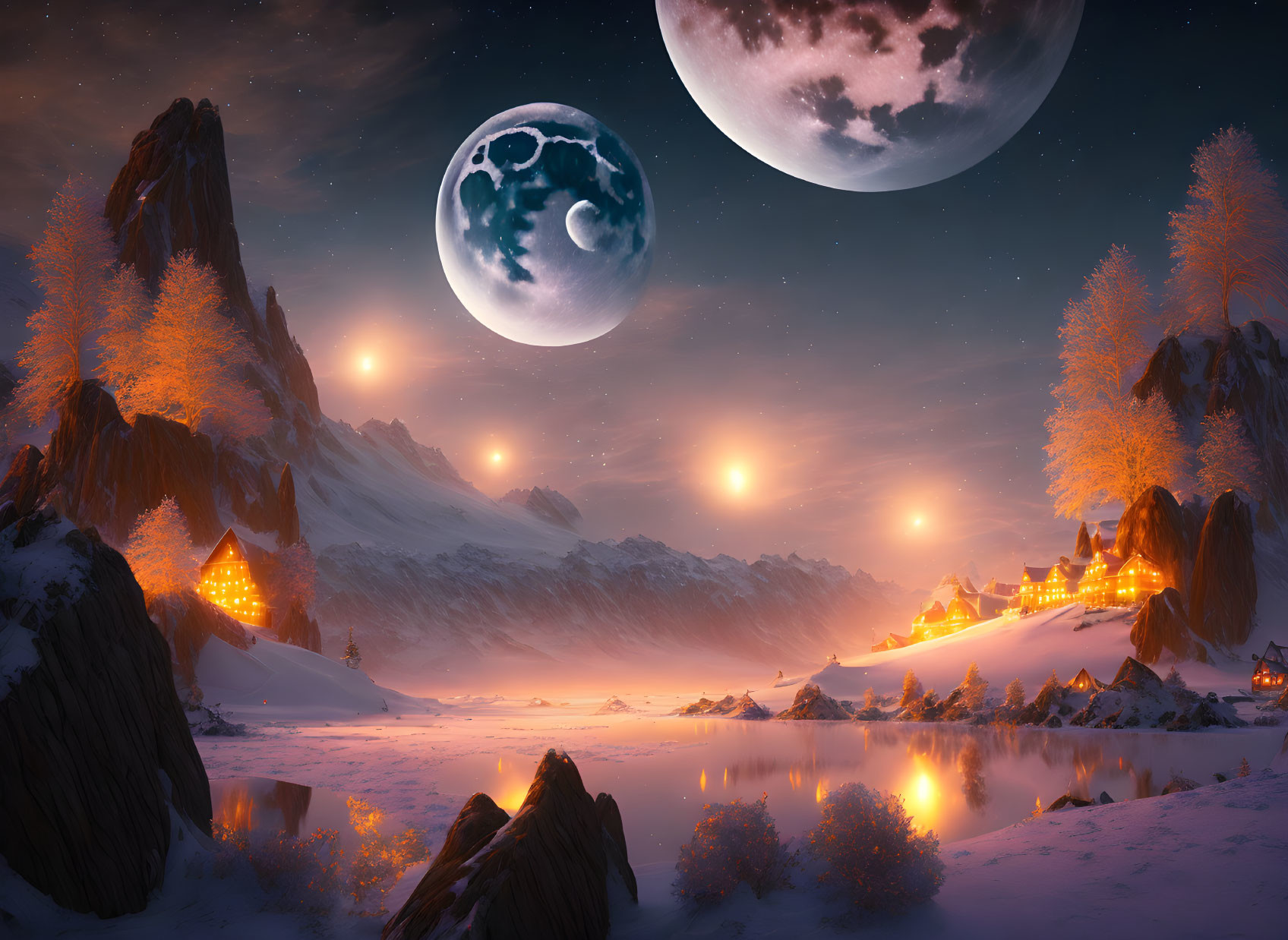 Luminous full moon over snowy mountains and cozy homes at night