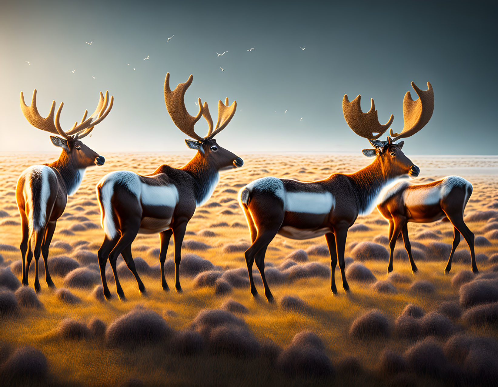 Four majestic deer with impressive antlers in golden field at dusk