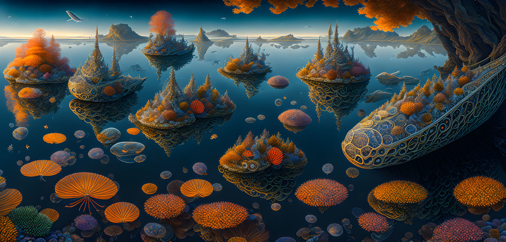 Fantasy landscape with floating sea creature islands and exotic trees under twilight sky