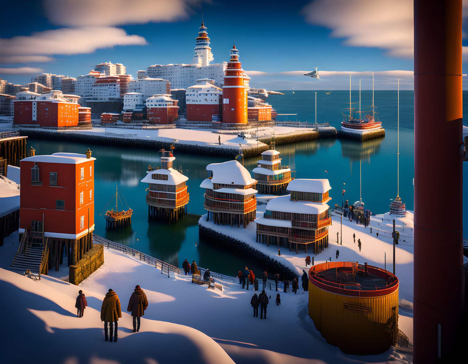 Winter harbor scene with modern buildings, lighthouse, ships, and snow-covered landscape