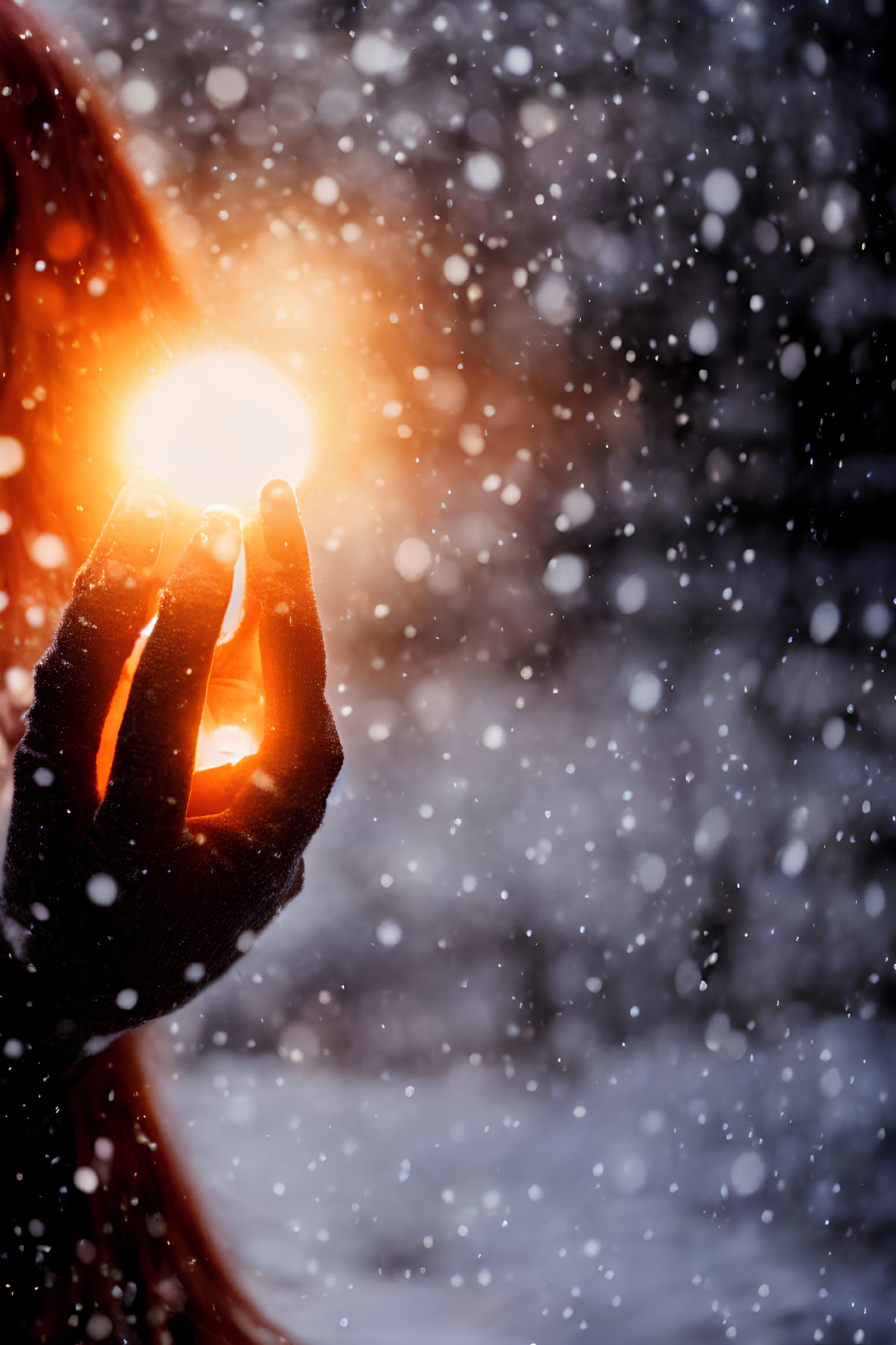 Person holding glowing orb in snowy winter scene with falling snowflakes