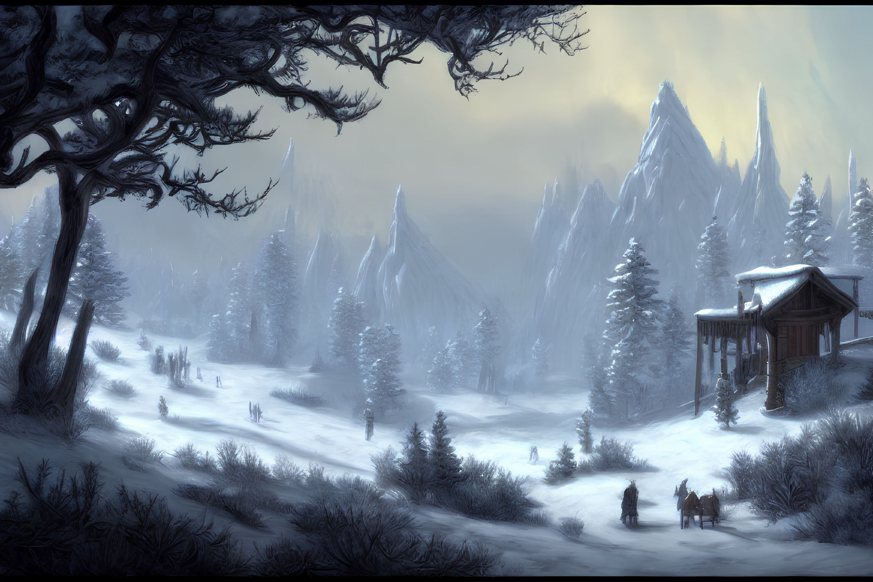 Snowy Mountain Landscape with House, Figures, and Dog at Twilight