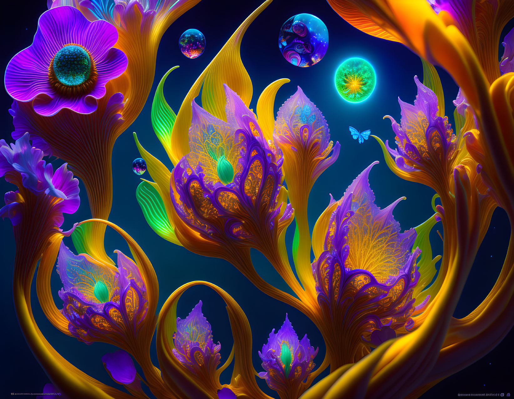 Abstract bioluminescent plant-like forms in vibrant digital artwork