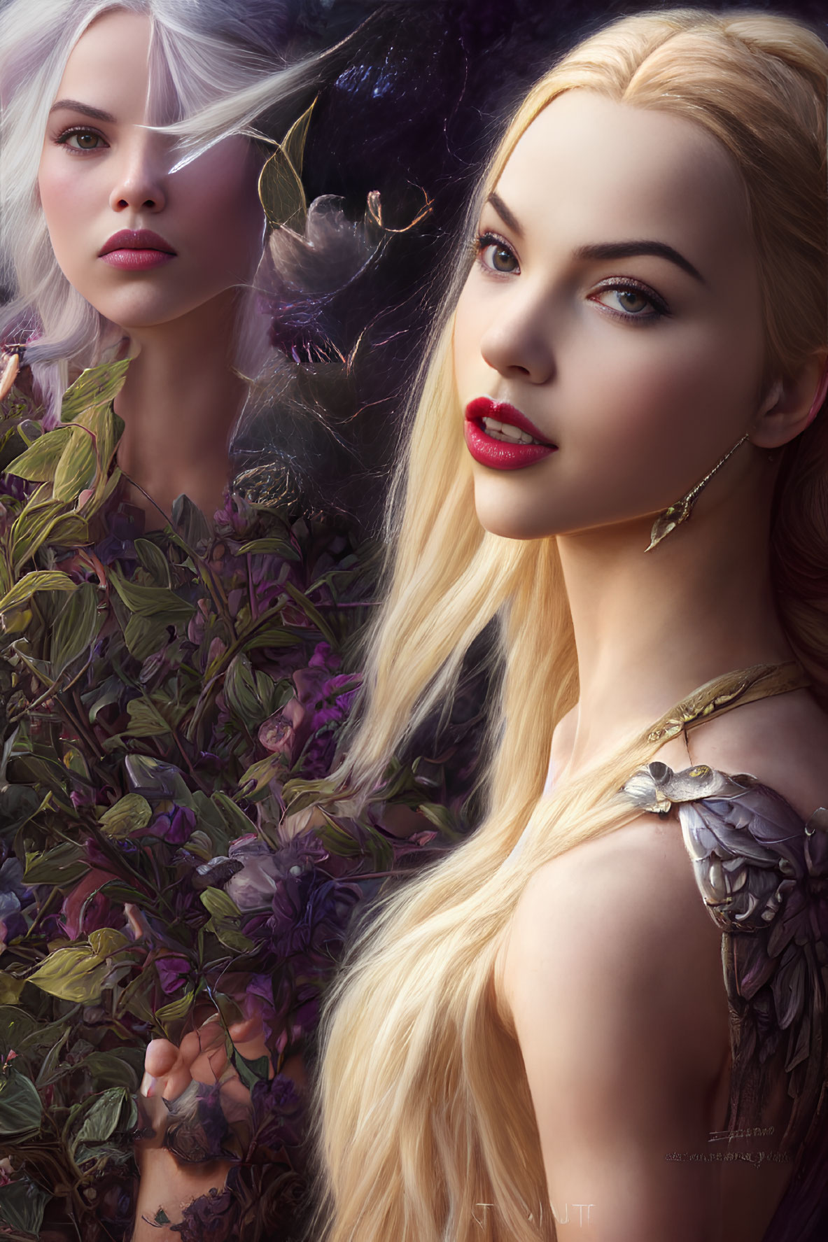 Digital artwork featuring two women with flowing blonde hair in a lush floral setting