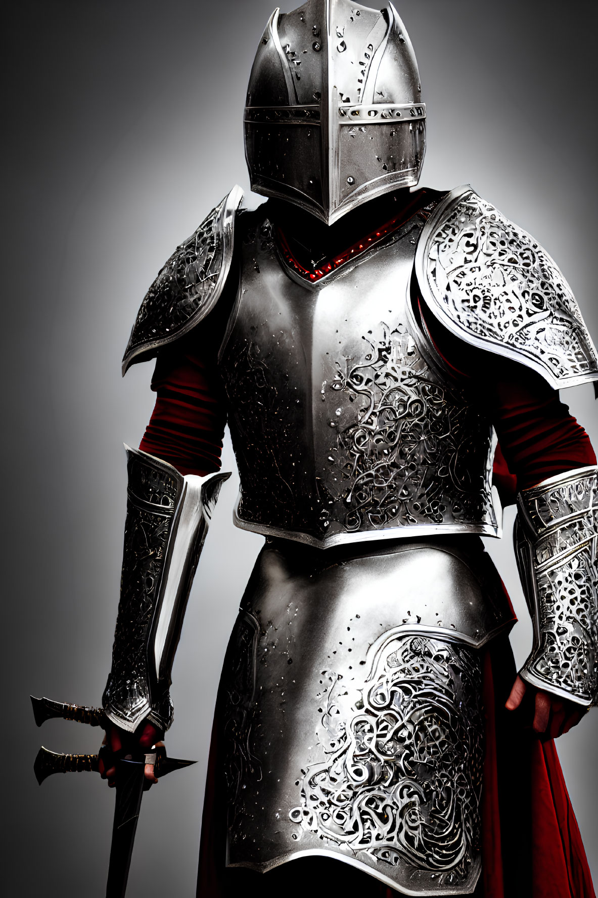 Medieval knight in ornate armor with sword on grey background