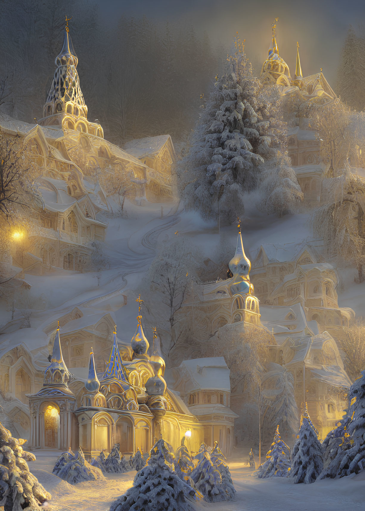 Snowy village at dusk with illuminated buildings and onion domes in a frost-covered setting