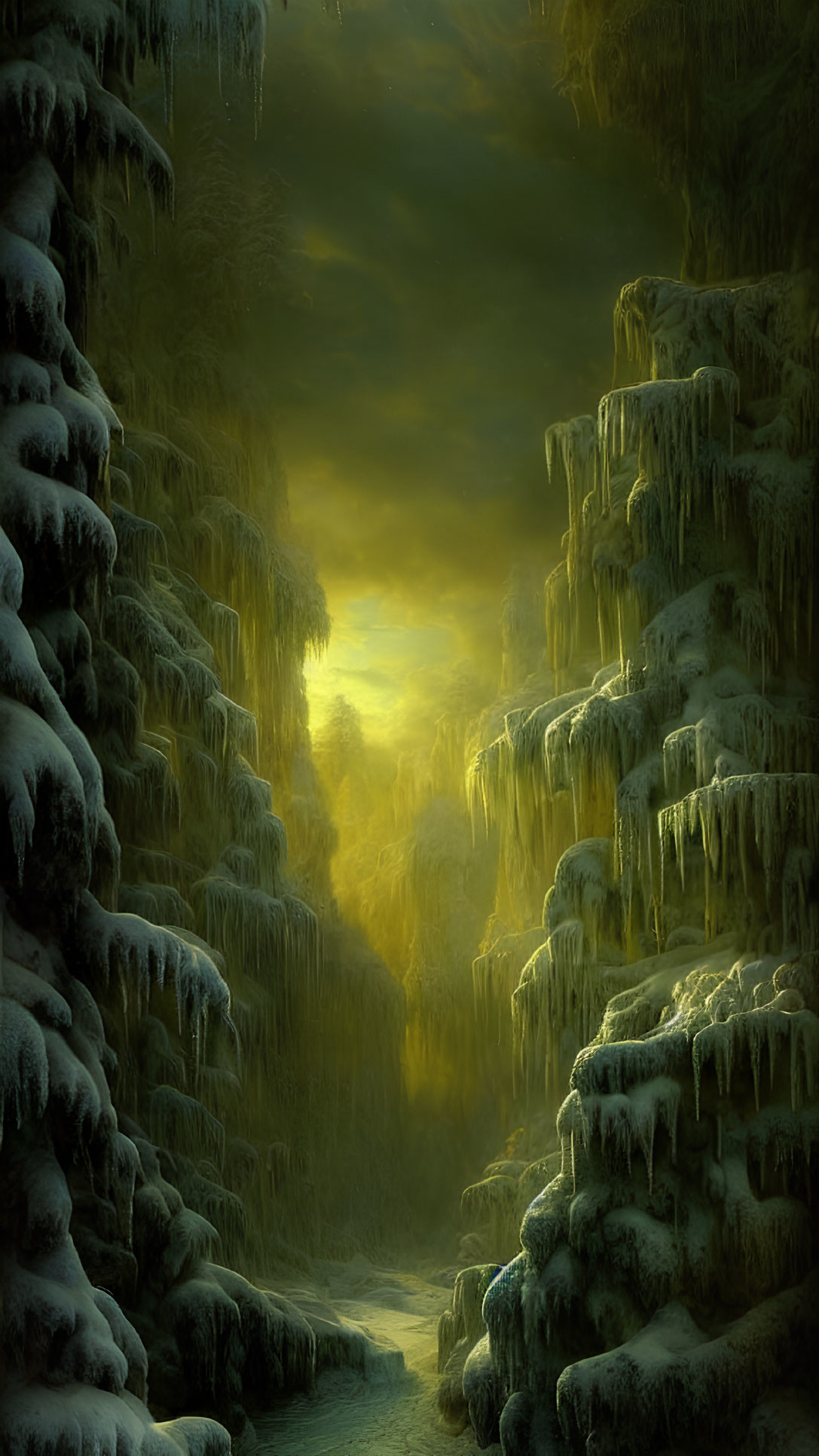 Mystical frozen landscape with towering icicles and warm golden light