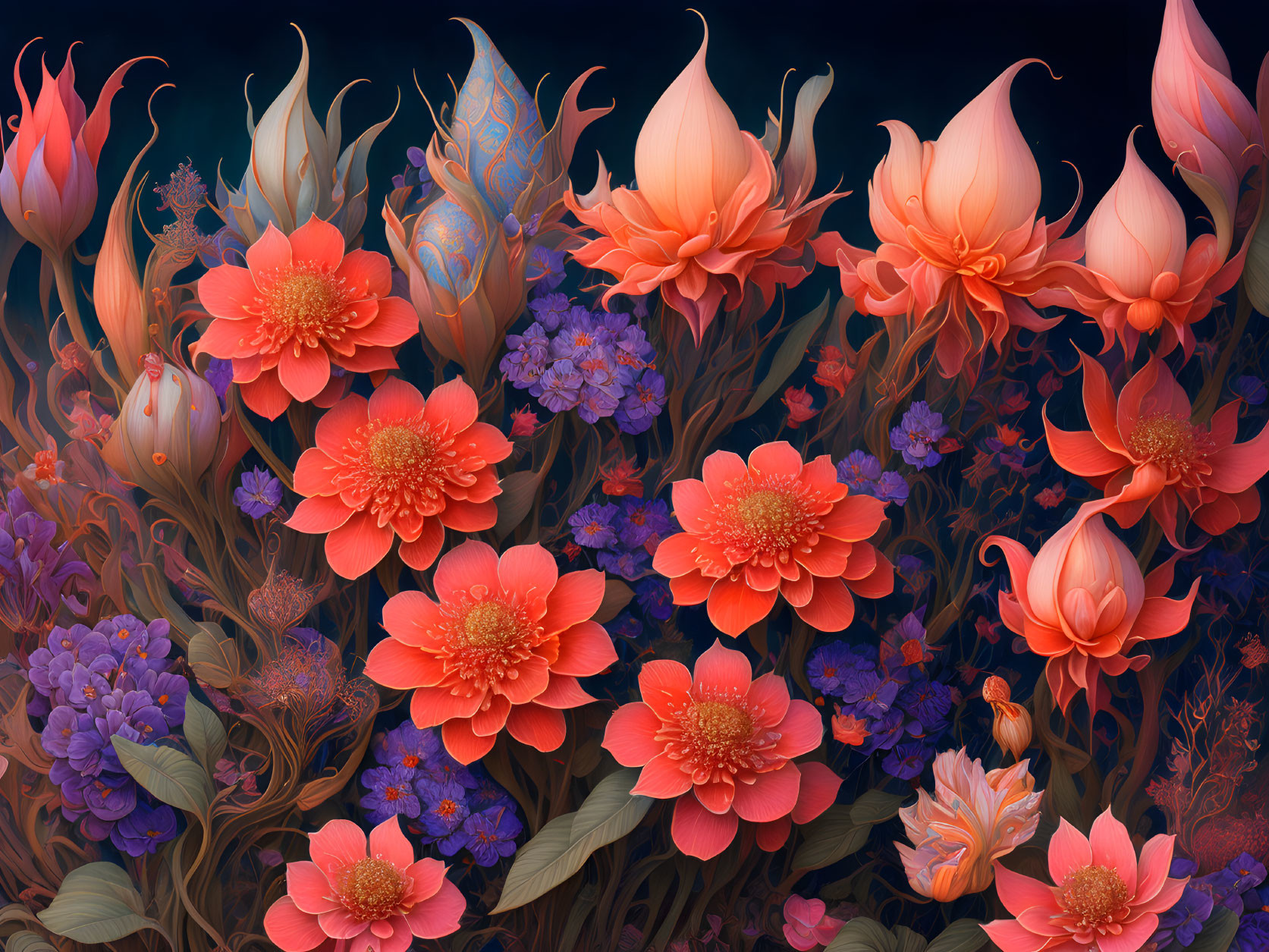 Colorful digital floral artwork: orange, peach, purple blooms on dark backdrop