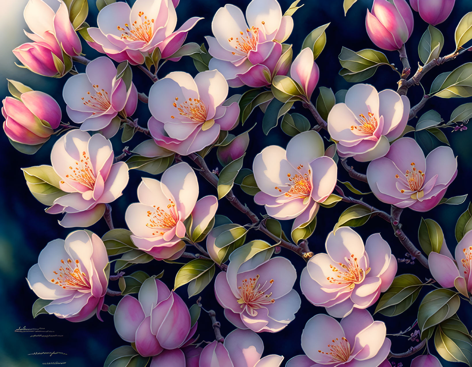 Pink and White Magnolia Flowers in Full Bloom with Dark Green Leaves