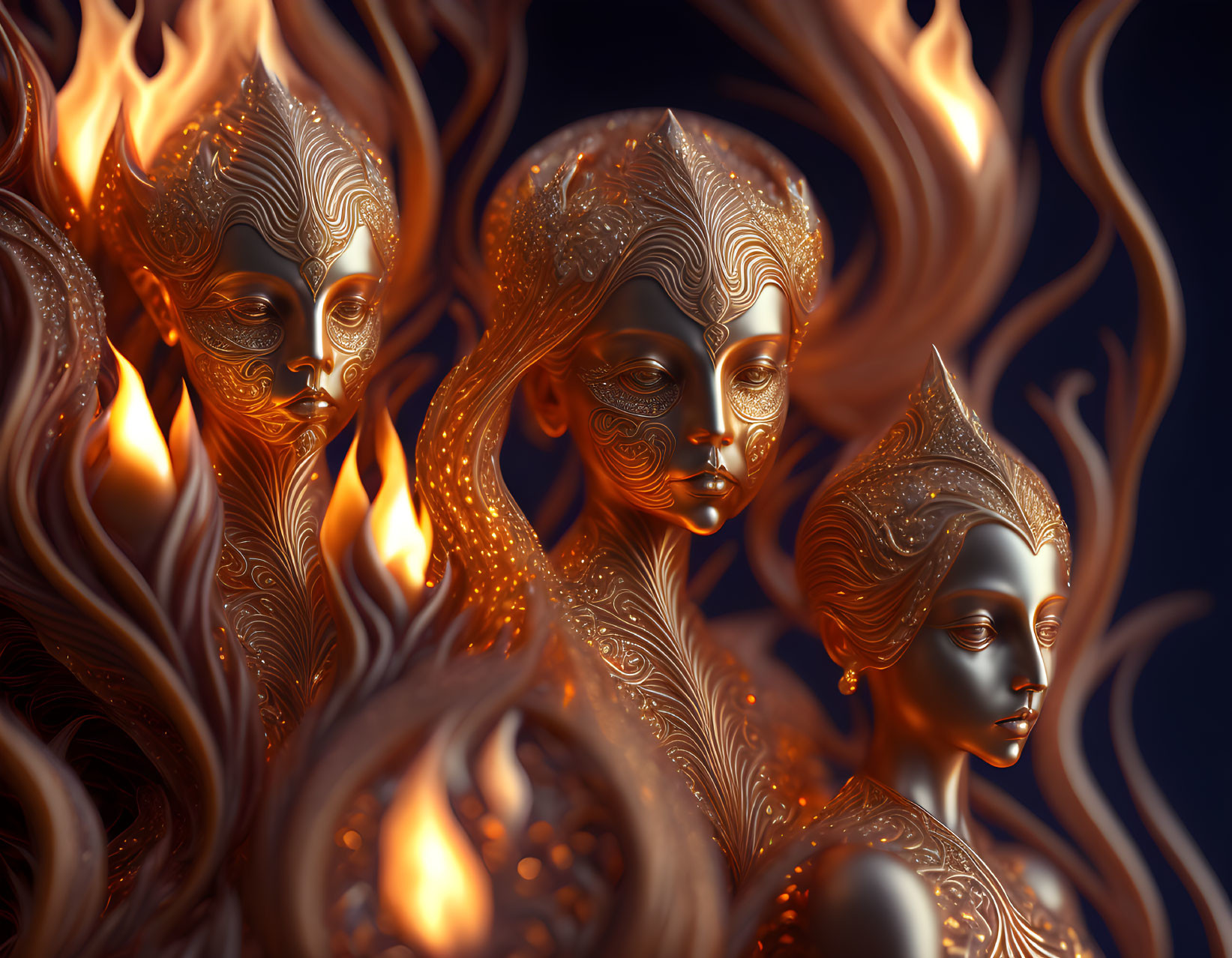 Three ornate golden masks in dynamic flames on dark background