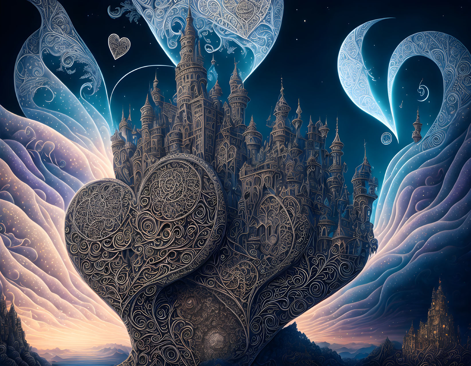 Fantasy Nightscape with Heart Motifs and Cosmic Patterns