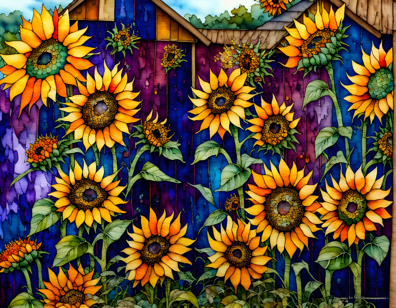 Colorful Sunflower Stained Glass Art on Purple and Blue Background