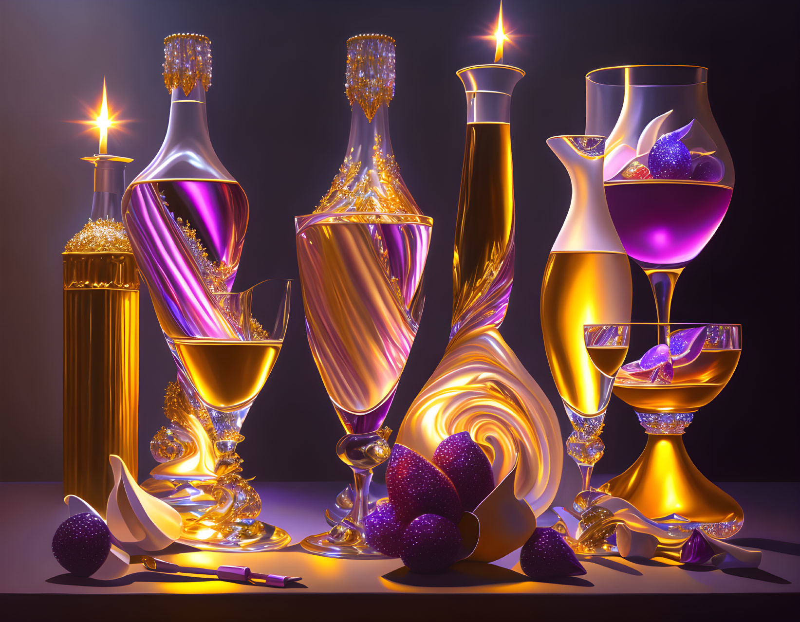 Elegant Glassware with Golden Tone and Purple Liquid, Decorative Purple Fruits on Dark Background