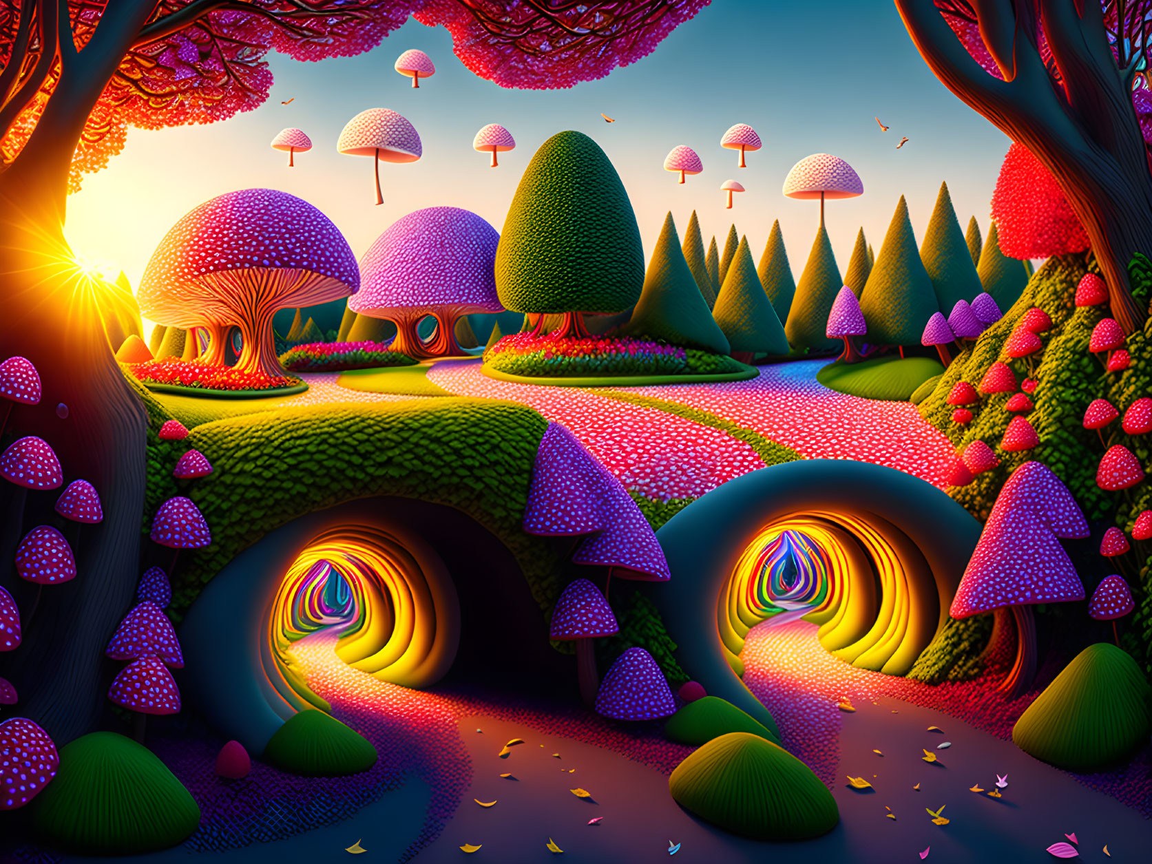 Colorful landscape with mushroom-shaped trees and swirling portals at sunset