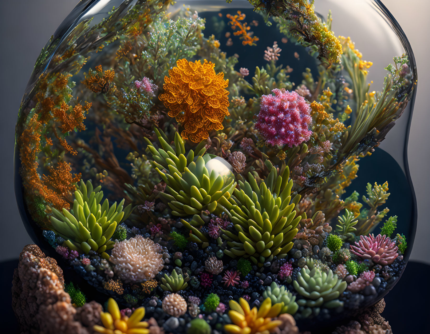 Detailed Succulent and Coral-like Plant Terrarium in Glass Bowl