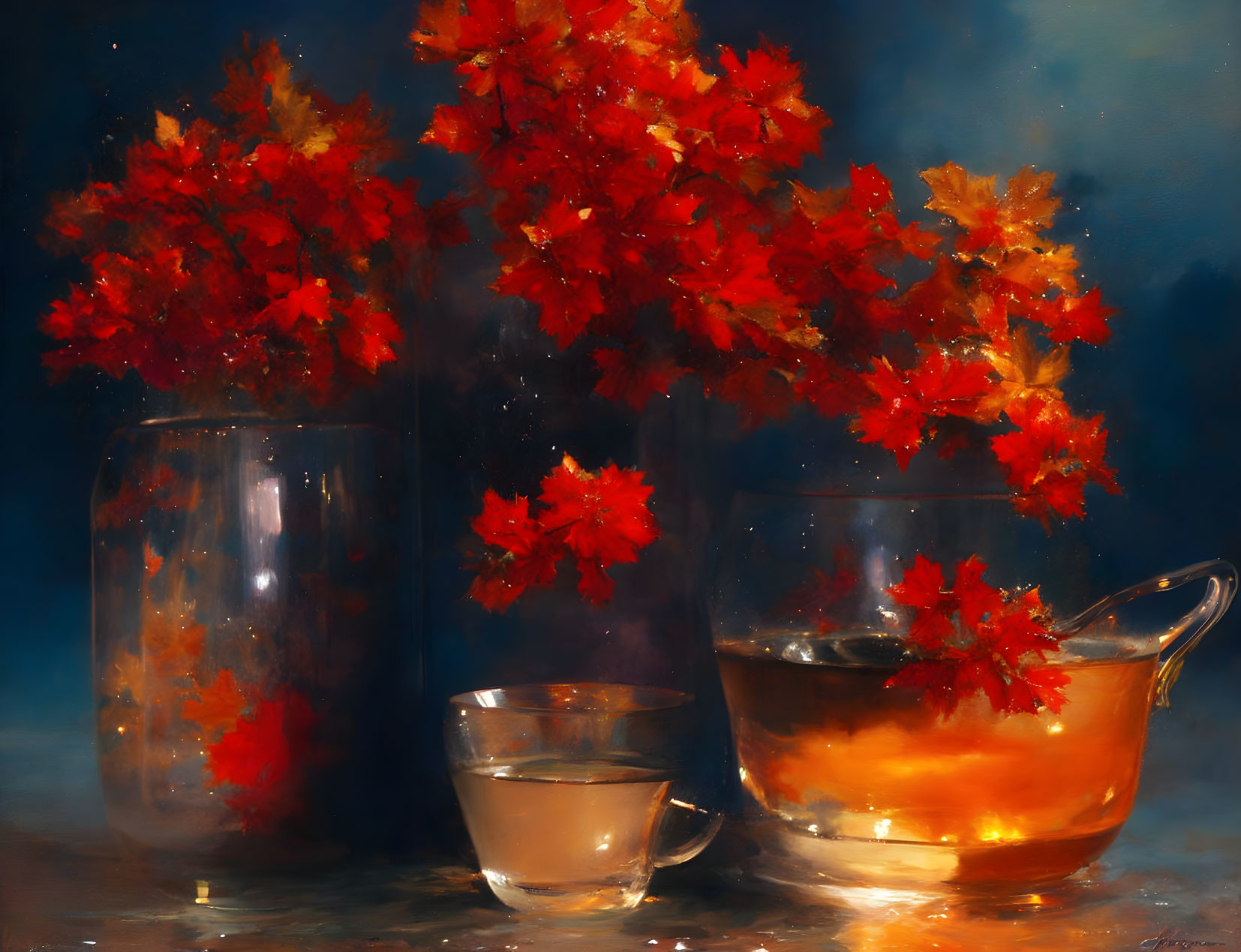 Vibrant autumn leaves in glass vase with teapot and cup on blue background