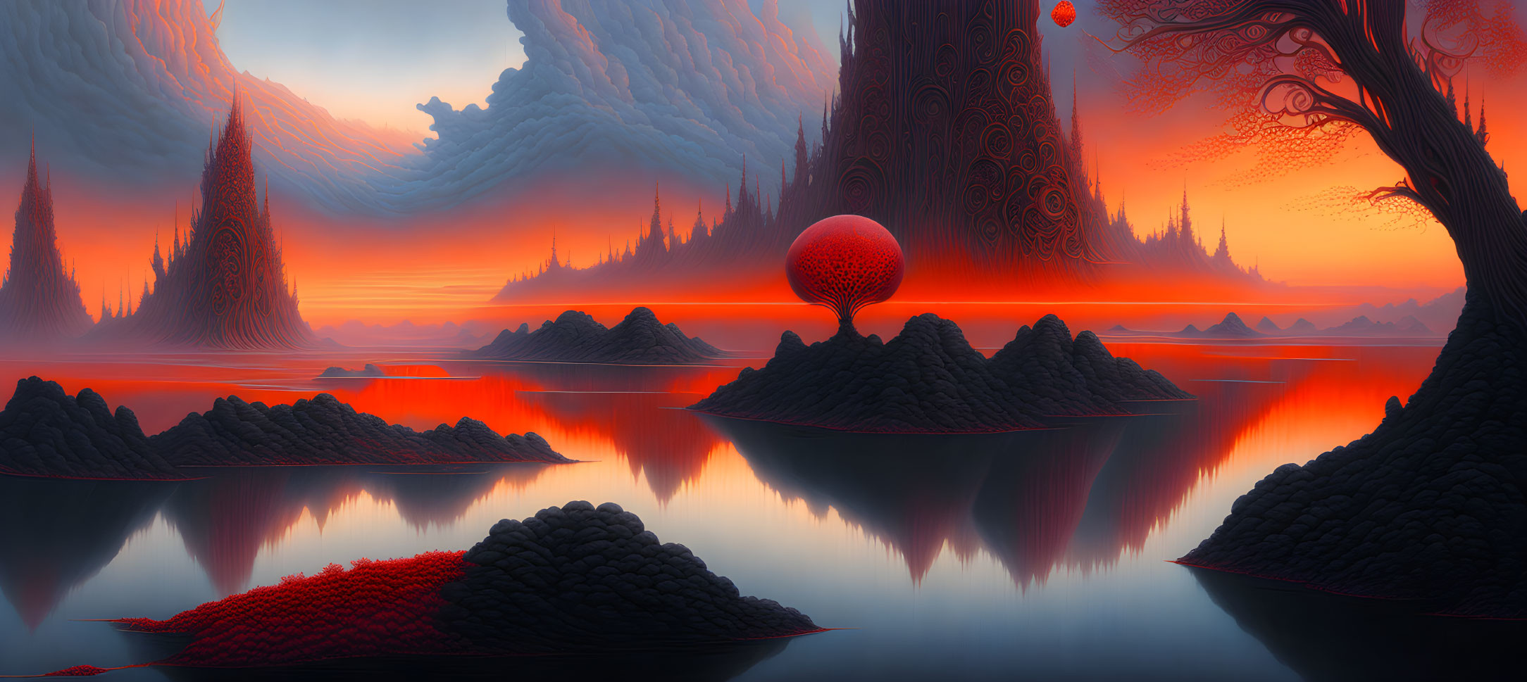 Surreal red and orange landscape with spire-like formations, tree, and large sphere in myst